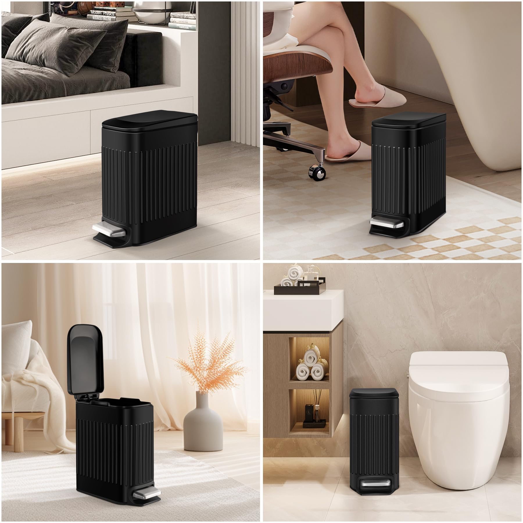 Cesun 1.6 Gallon Small Stainless Steel Bathroom Trash Can with Lid & Foot Pedal - Slim Matte Black Waste Basket for Bathroom, Office, Bedroom & Laundry - Perfect for Small Spaces & Odor Control