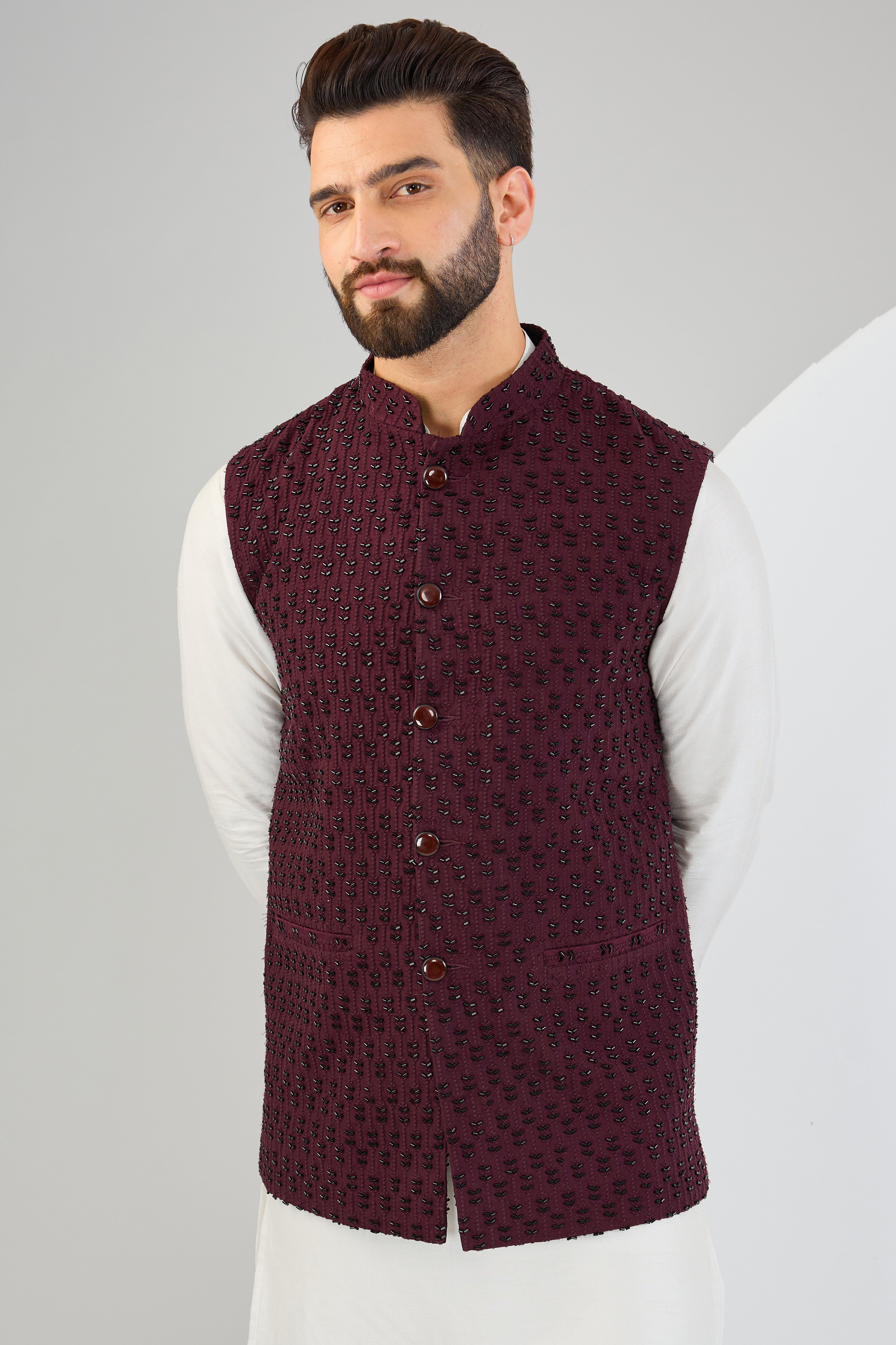 Elegant Maroon Nehru Jacket with Intricate Cut Dana Embroidery - Perfect for Weddings, Festivals & Special Occasions