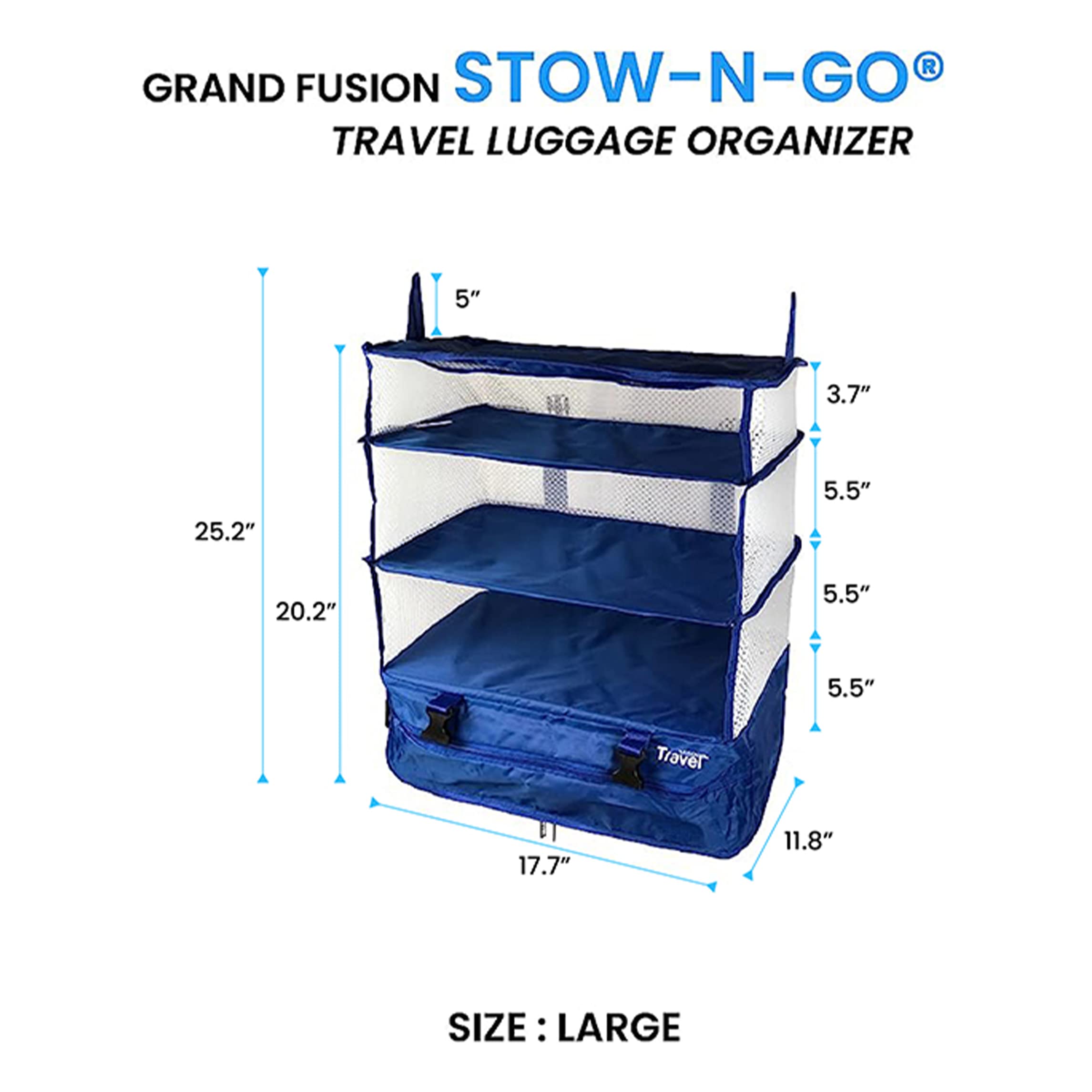Grand Fusion Stow-N-Go Portable Hanging Travel Shelves - Expandable Packing Organizer for Luggage & Carry-On Closet | Space-Saving Clothes Storage Solution | Perfect for Business Trips, Vacations & Weekend Getaways (Blue, XL 17.7