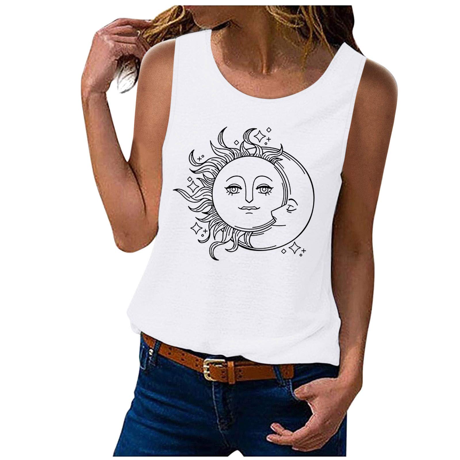 Women's Casual Sleeveless Printed Tank Top - Fashion Sun & Moon Graphic Blouse, White O-Neck Summer Tops for Women | Perfect for Beach, Yoga, and Everyday Wear