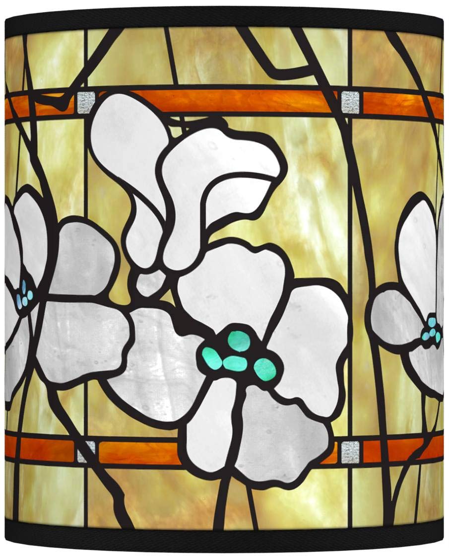 10x10x12 Inch Cylinder Print Lamp Shade - Magnolia Mosaic Gold White Small Spider Fitter with Replacement Harp & Finial - Giclee Glow Lighting for Bedroom, Living Room, Office Decor