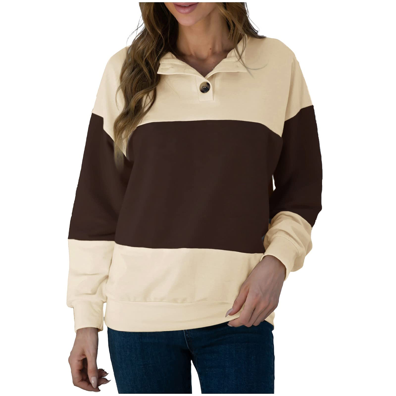 Women's Long Sleeve Casual Pullover Sweatshirt with Button Front & Patchwork Design - Cozy Hoodie for Everyday Wear, Fall Layering & Outdoor Activities