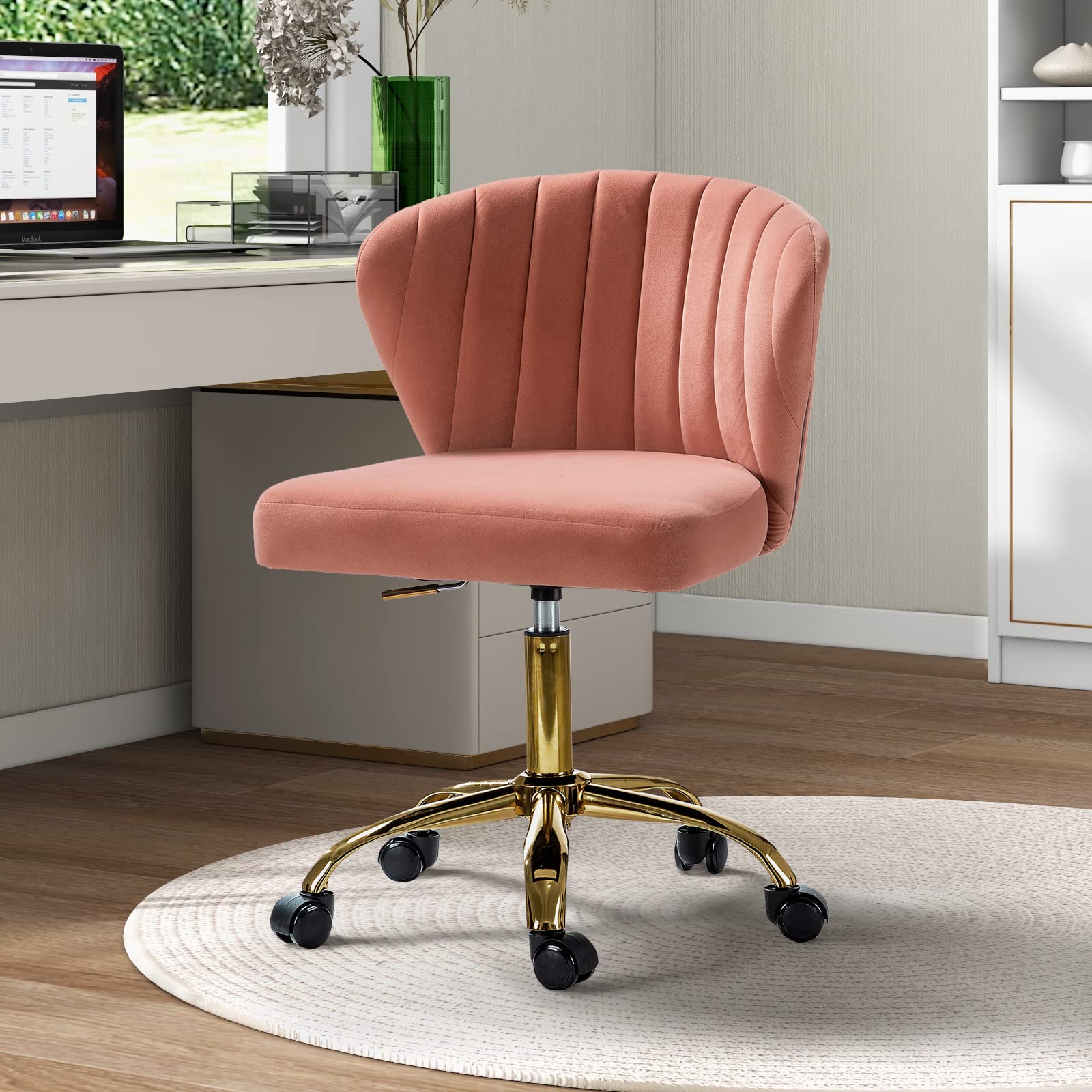 TINA'S HOME Modern Velvet Office Chair with Wheels & Gold Base - Adjustable Low Back Swivel Rolling Task Chair for Home Office, Study, Living Room, Vanity - Pink Velvet Armless Desk Chair for Women & Girls