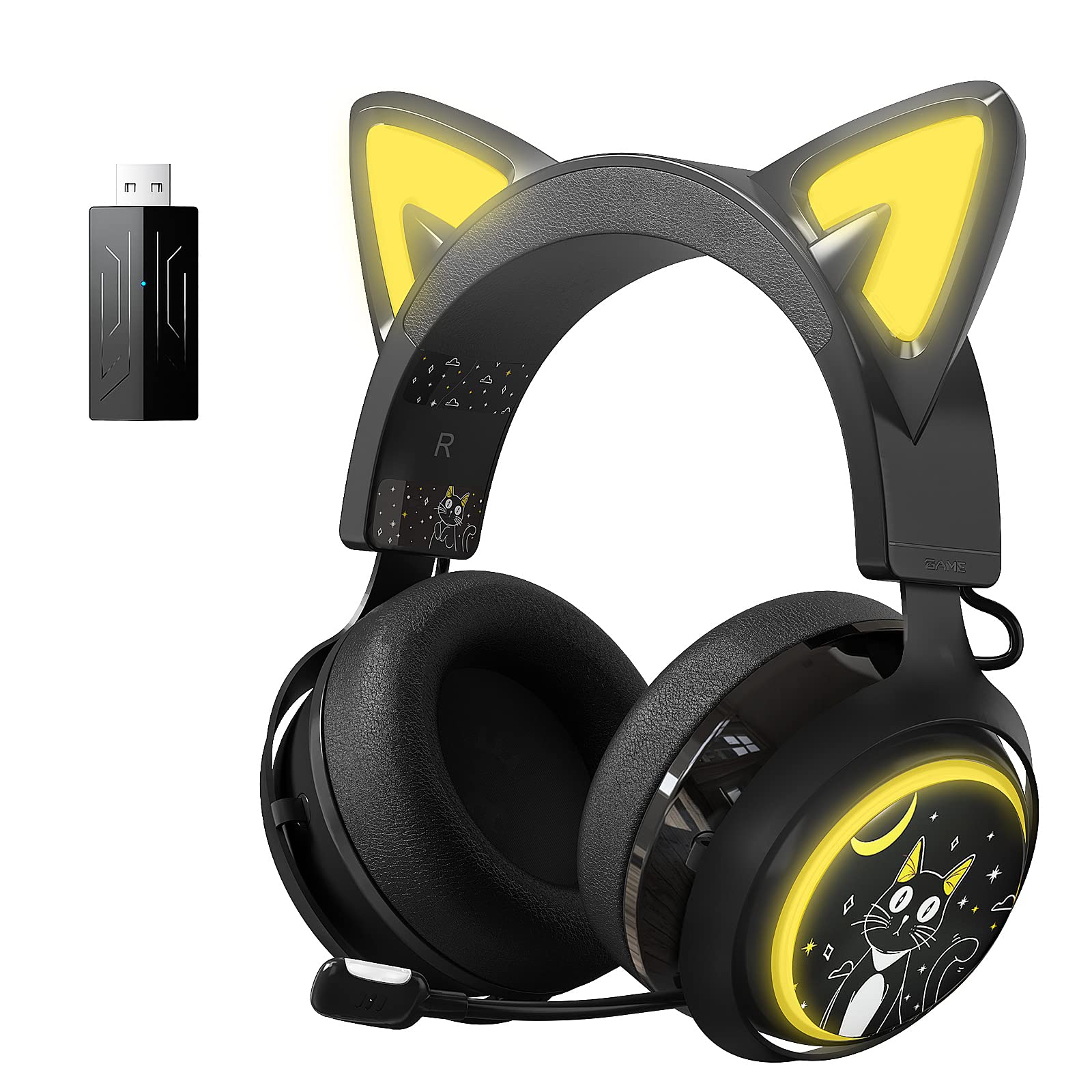 Wireless Gaming Headset with Cat Ears - Bluetooth Headphones for PC, PS5, Xbox & Smartphone - Retractable Mic, 7.1 Surround Sound, 50mm Drivers, RGB Lighting - Cute Cat Ear Headphones for Girls (Black) - Perfect for Gaming, Streaming & Online Classes