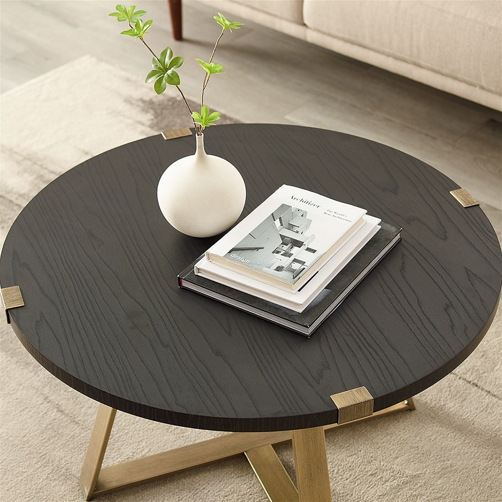 Modern Round Coffee Table - Black Oak & Gold Finish by Criterion | Perfect for Living Room, Lounge & Office Decor