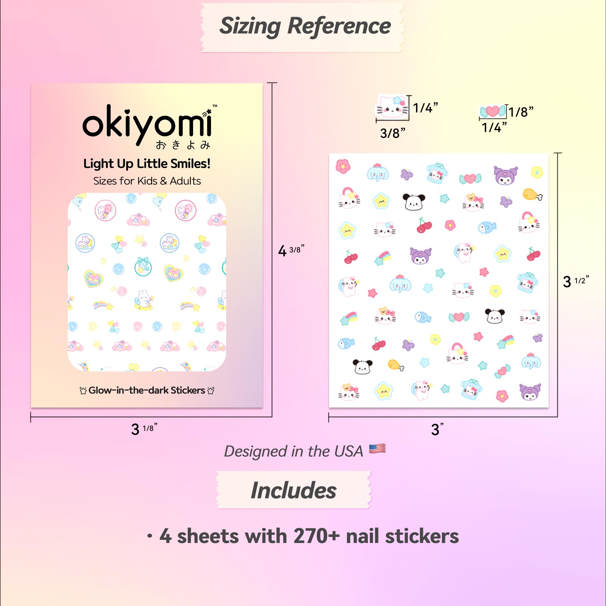 4 Sheets of 3D Nail Stickers - 274 Cute Nail Art Decals for Kids | Embossed Kawaii Nail Stickers with Stars, Hearts, Bunny, Pink Bear, Puppy & Cats | Glow in The Dark Nail Stickers for Girls' Birthday Parties & Sleepovers