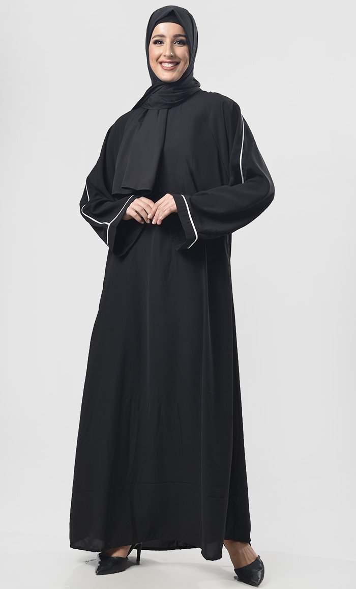 Elegant Black Abaya with Contrast Color Piping - Modest Islamic Dress for Women - Perfect for Prayer, Mosque, and Special Occasions