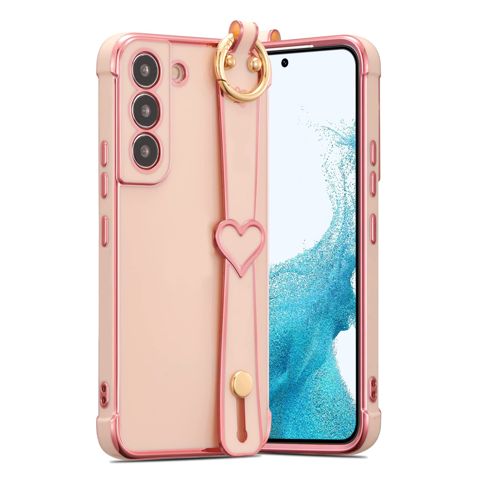 Samsung Galaxy S21 FE 5G Case with Wrist Strap & Kickstand - Slim Glossy Shockproof TPU Cover with Luxury Electroplated Design (Pink) - Perfect for Daily Use, Work, and Travel Protection