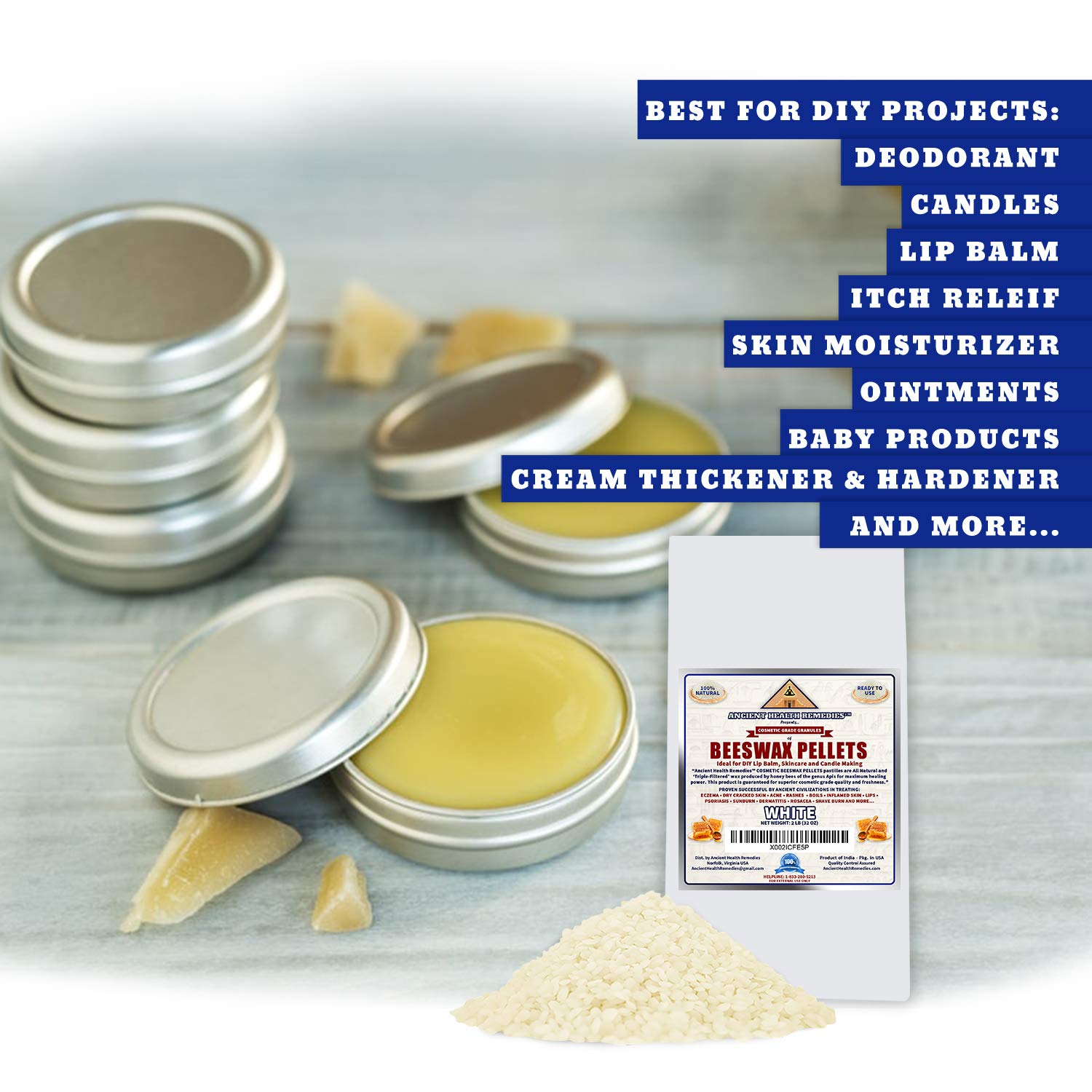 Premium Cosmetic Grade A Beeswax Pellets - 100% Natural, Triple Filtered - Perfect for DIY Lip Balm, Skincare, Candle Making & Soap Crafting (2 LB, White) | Ideal for Homemade Beauty Products & Artisan Crafts