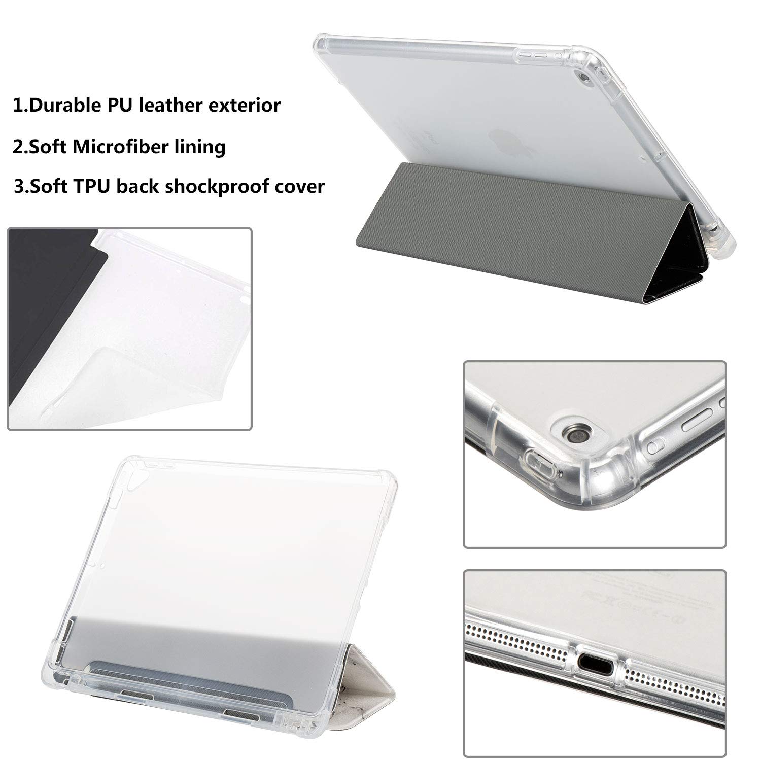 Premium PU Leather Trifold Smart Case for iPad 9.7 (2017/2018), iPad Air 1/Air 2 (9.7 Inch) - Clear TPU Back Cover with Apple Pencil Holder & Auto Wake/Sleep Function - Compatible with iPad 6th/5th Generation - Black Marble Design - Perfect for Work, Travel and Everyday Use