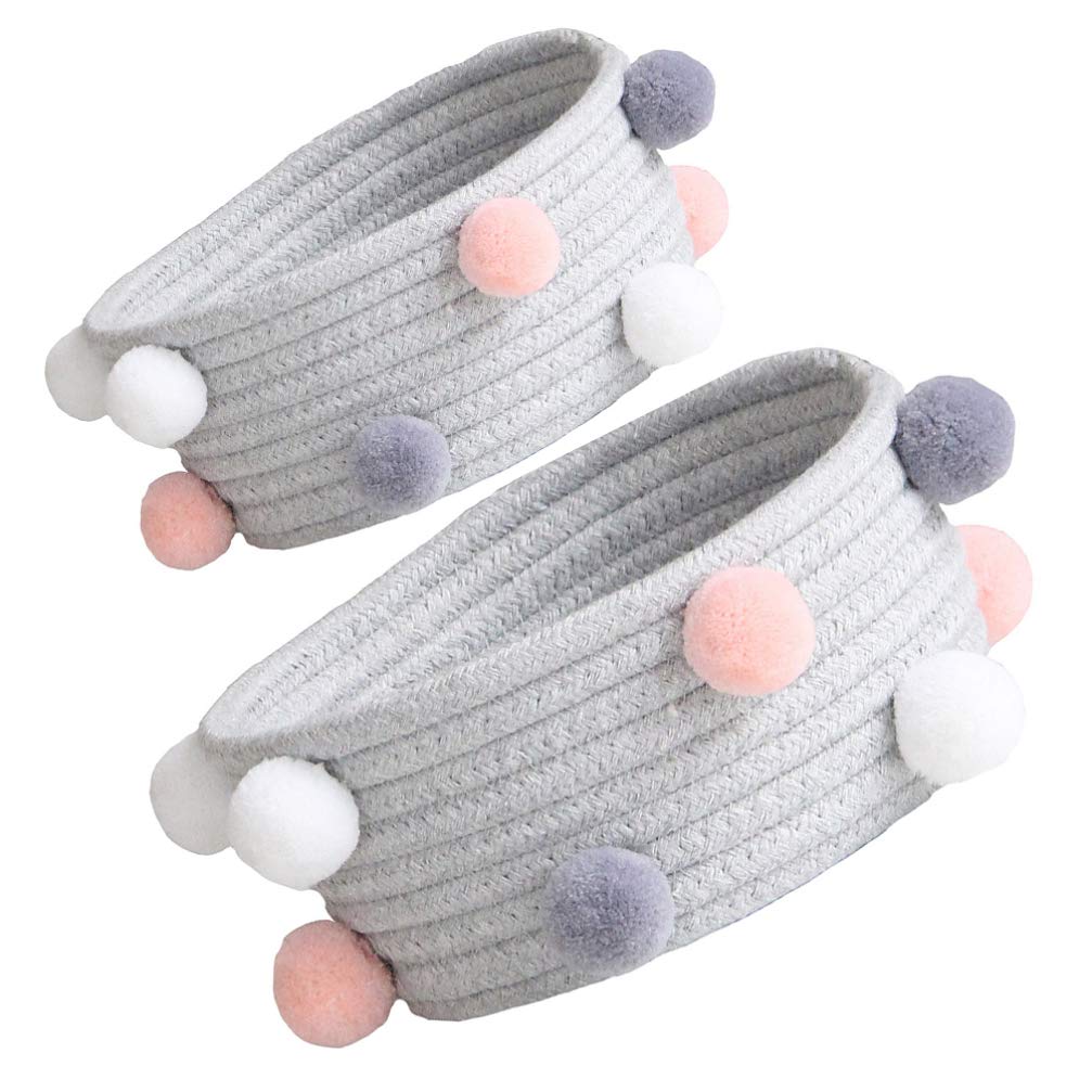 Hemoton 2-Pack Pom Pom Storage Baskets - Decorative Cotton Fabric Organizer Bin for Makeup, Baby Toys, Laundry & Nursery | Perfect for Bedroom, Bathroom & Playroom Organization