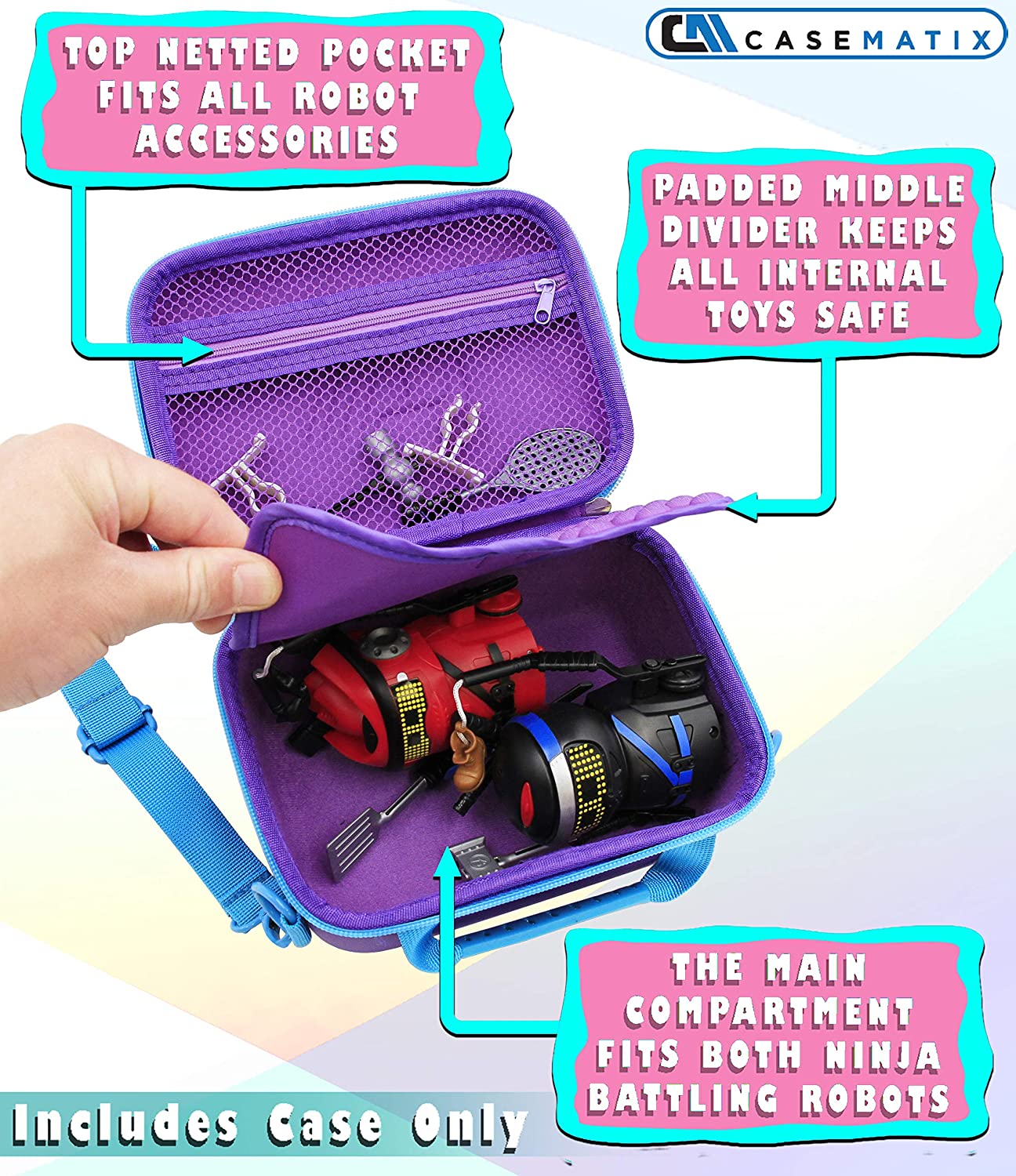CASEMATIX Toy Storage Travel Case for Ninja Bots Interactive Battle Robots & Accessories - Purple Carrying Case with Adjustable Shoulder Strap | Perfect for Kids Travel, Playdates & Robot Battle Tournaments