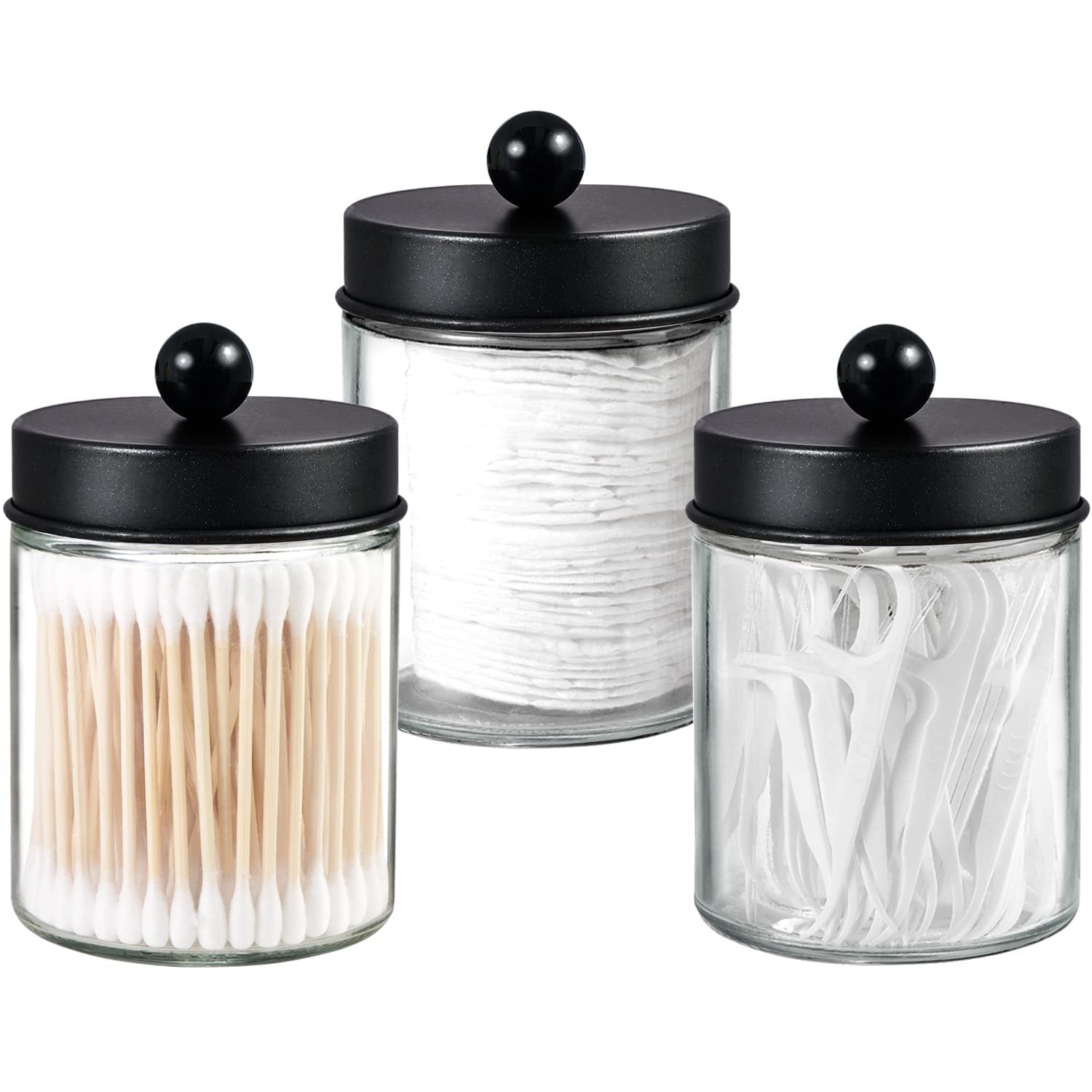 3-Pack Apothecary Jar Canisters with Stainless Steel Lids - Bathroom Vanity Organizer Set for Qtips, Cotton Swabs, Makeup Sponges & Dental Floss | Countertop Storage Containers with Decorative Stickers | Perfect for Home, Salon, and Spa Organization