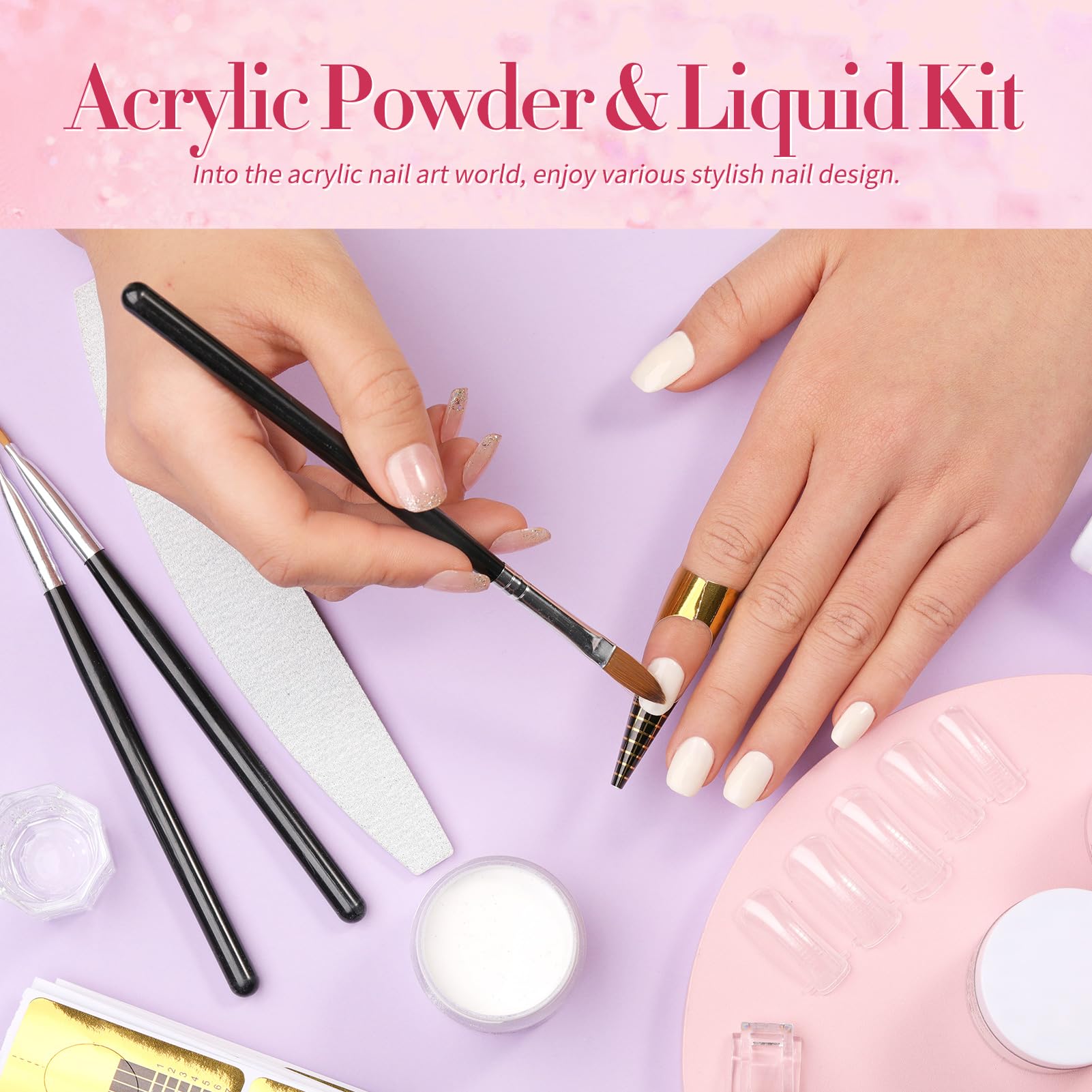 BORN PRETTY Professional Acrylic Nail Kit with Clear Pink & Milky White Powder - 3 Boxes Acrylic Nail Powder, 60ML Liquid, Nail Tips & Complete Tool Set for Salon & Home Manicure