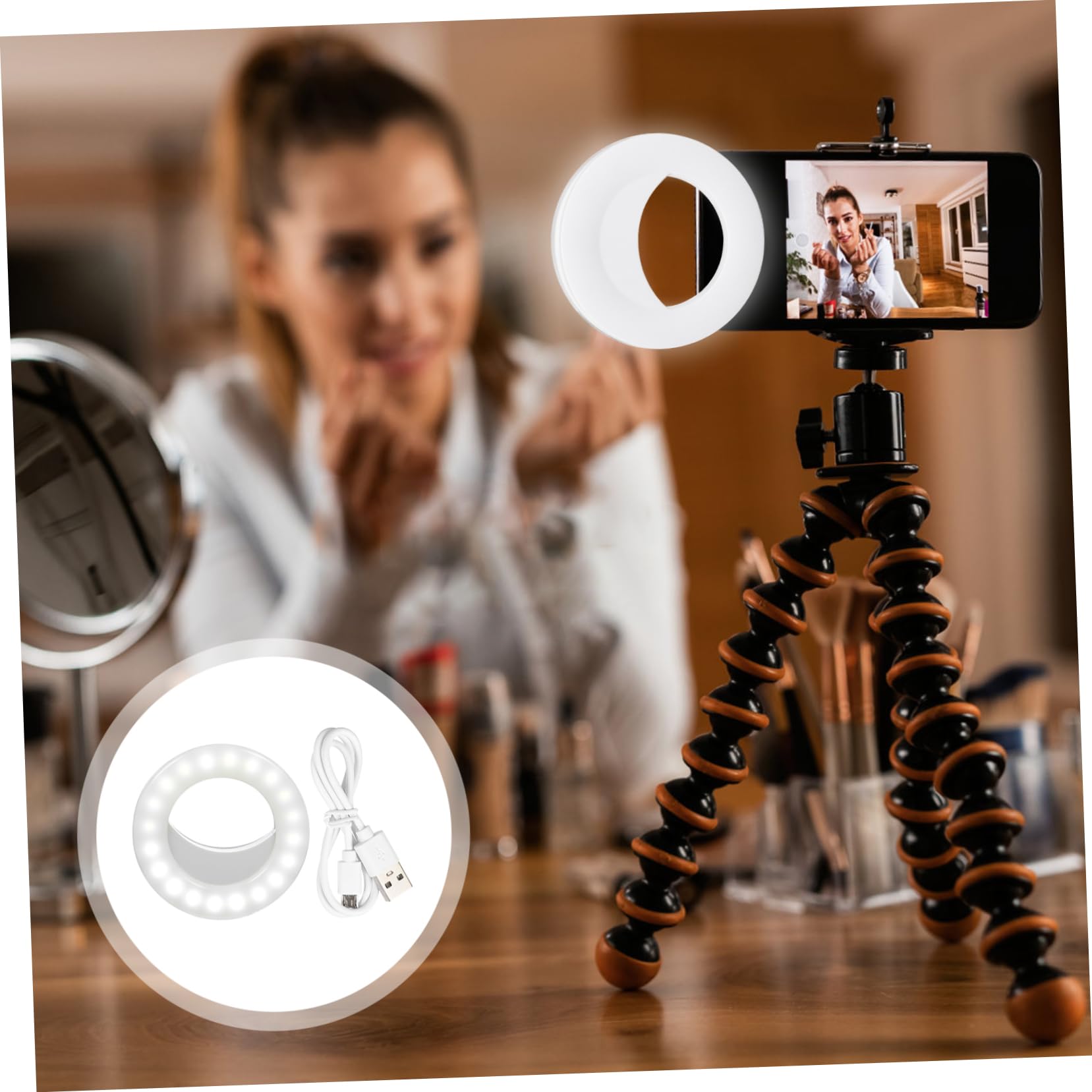 Didiseaon LED Phone Light Holder with Fill Light - Adjustable Desktop Stand for Table Top, Microphone Stand & Computer Use - Perfect for Makeup Vanity, Video Recording & Live Streaming (White, Model L06, ABS Material)