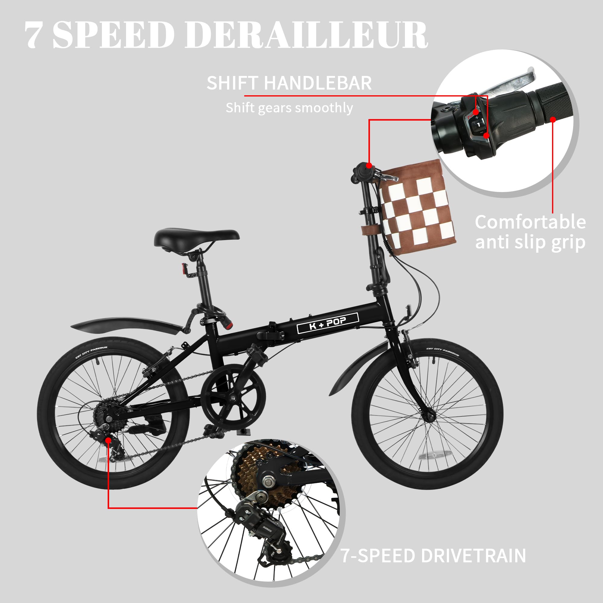 Foldable Adult Bicycle - 20 Inch Commuter Bike with Removable Basket, 7-Speed Gears & Lightweight Frame | Perfect for Urban Commuting, Campus Riding & Weekend Adventures