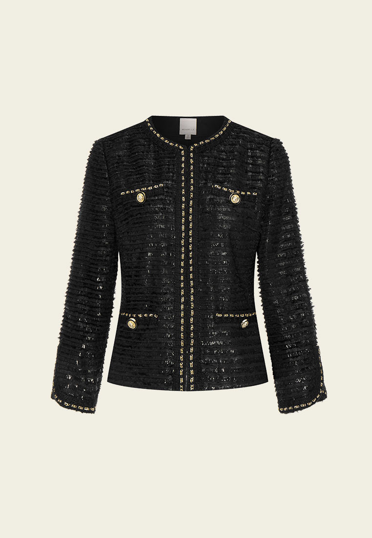 Black Shimmer Short Jacket with Golden Details - Stylish Women's Outerwear for Evening Parties & Night Out