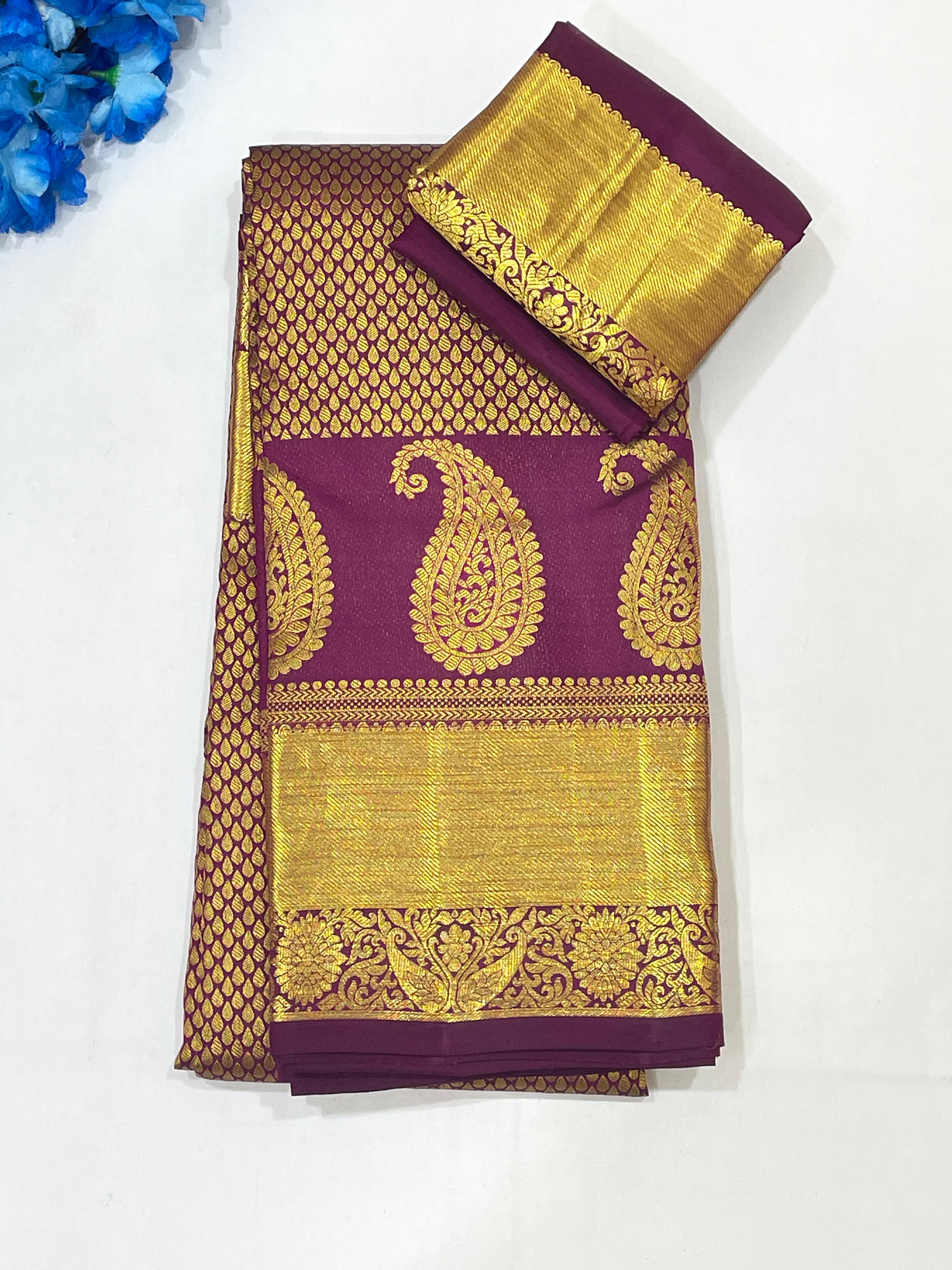 Elegant Dark Purple Pure Kanchi Silk Saree with Gold Zari Work & Tassels for Women | Traditional Indian Bridal & Party Wear | Perfect for Weddings, Festivals & Special Occasions