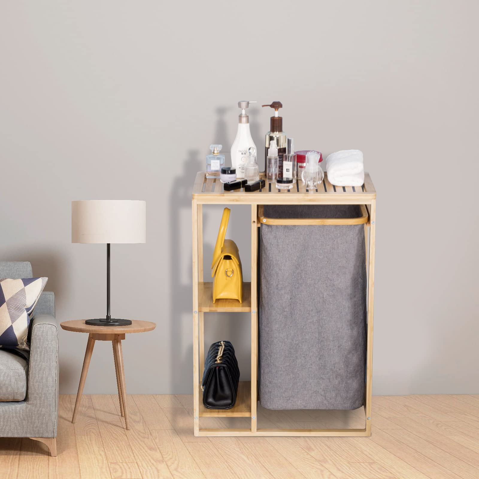 Futchoy Bamboo Laundry Hamper Basket Table - Freestanding Storage Shelves for Home, Bathroom & Bedroom | Multifunctional Furniture Organizer for Clothes, Towels & Household Items