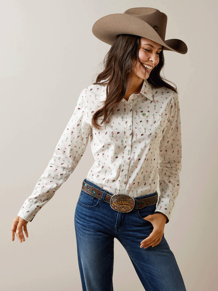 Ariat Women's Wrinkle Resistant Kirby Stretch Shirt - Santa Fe Ivory | Comfortable Western Shirt for Cowgirls, Rodeo & Casual Wear