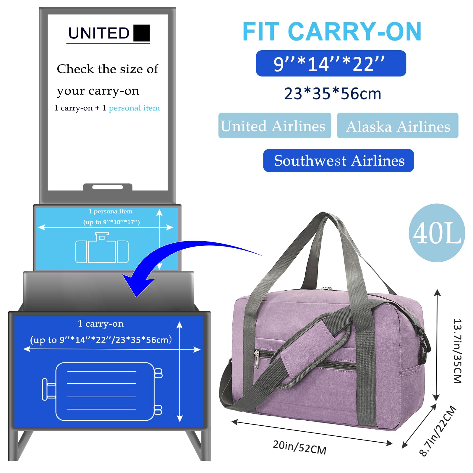 Foldable Carry On Luggage 22x14x9 Inches - 40L Travel Duffel Bag for Airplanes, Personal Item Bag for Women & Men (Purple) - Perfect for Weekend Trips, Business Travel & Gym Workouts