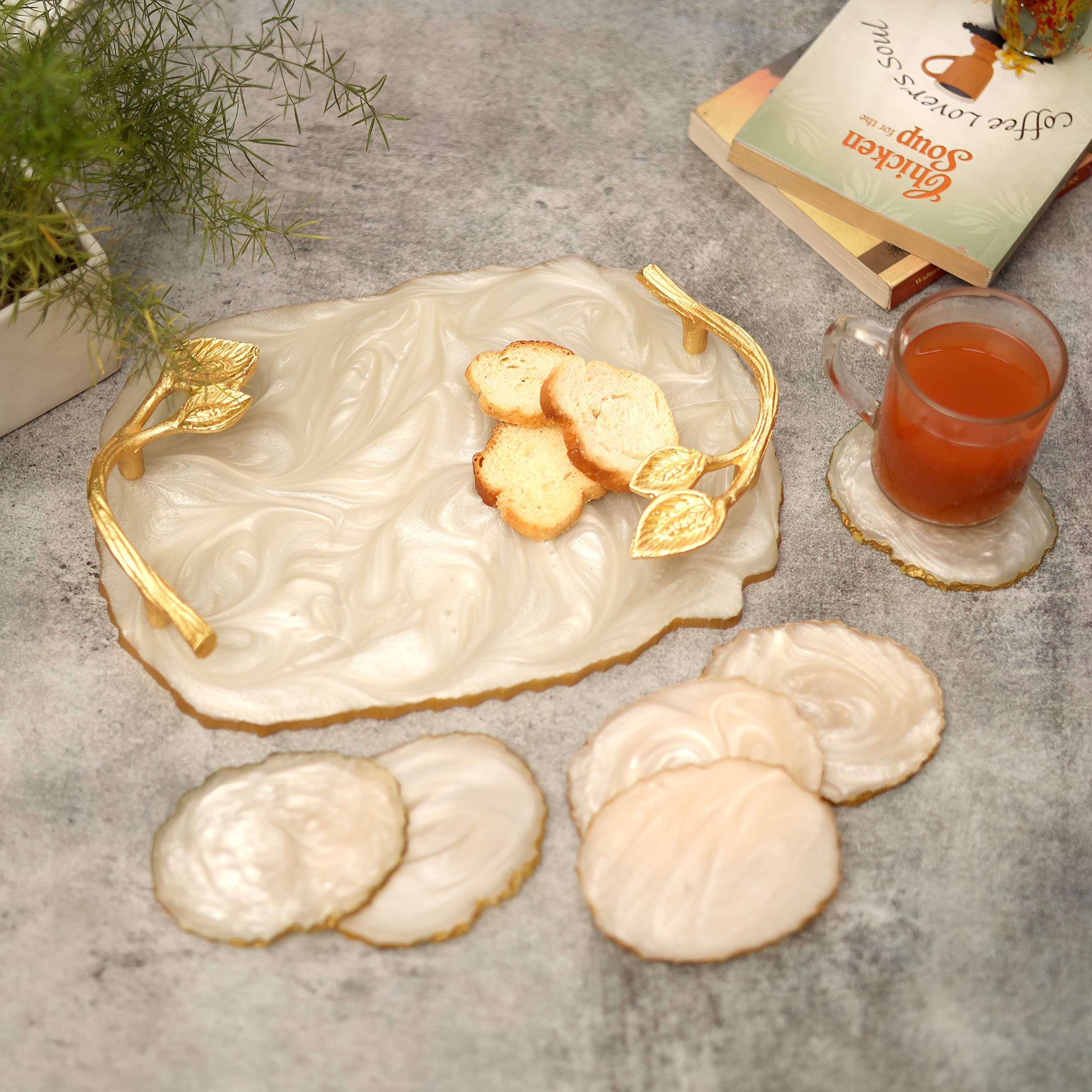 Elegant DULI Resin Coaster and Tray Set with Golden Handle - Cream Oval Home Decor for Coffee Table, Dining Table, and Office Desk | Multipurpose Serving Tray and Drink Coasters for Parties, Gifts, and Daily Use