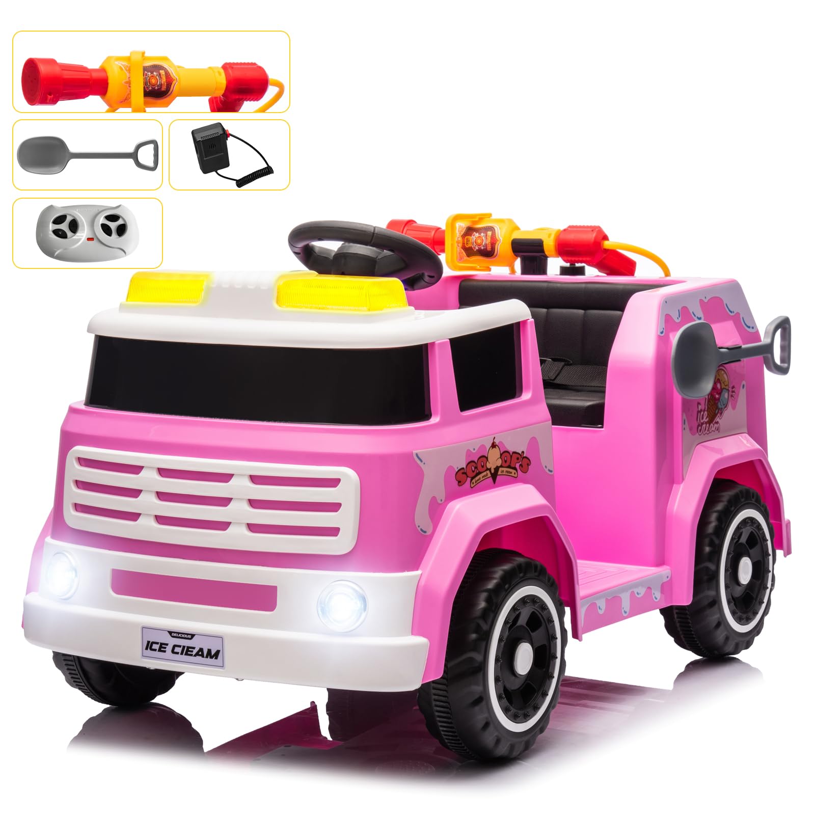12V 7AH Kids Ride on Fire Truck Toy - Battery Powered Firefighter Car with Remote Control, Fire Gun, Shovel, Loudspeaker, Music & Lights - Forward/Backward, MP3/USB/TF Port - Perfect for Outdoor Play, Birthday Gifts & Pretend Firefighter Role Play (Pink)