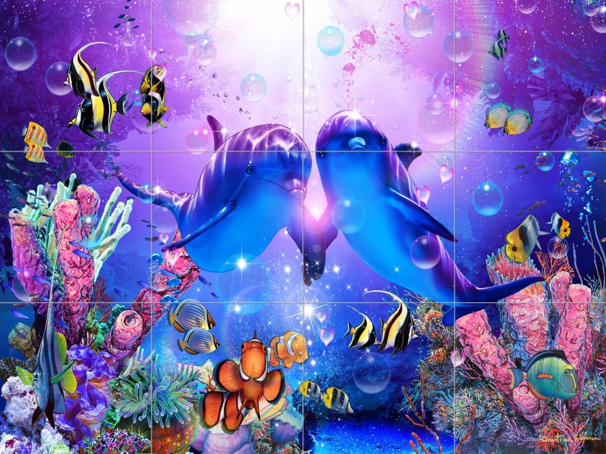 Ceramic Backsplash Tile Mural - Dolphin & Whale Underwater Ocean Scene - Kitchen Bathroom Shower Wall Decor - Christian Riese Lassen Art - Perfect for Coastal, Beach House or Bathroom Renovation