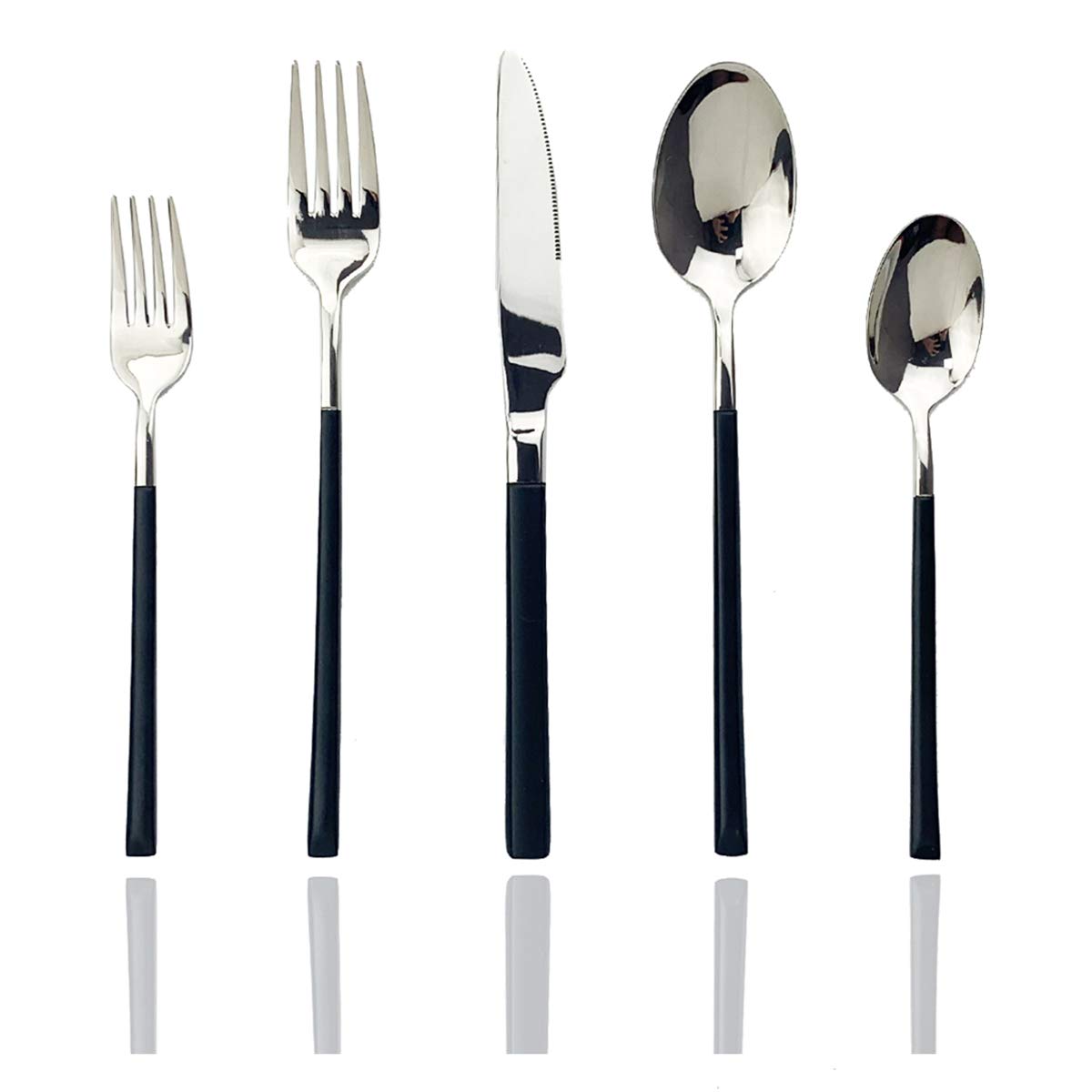 Premium JASHII 5-Piece Modern Silverware Set - 18/10 Stainless Steel Elegant Flatware with Square Edge - Mirror Polished & Dishwasher Safe (Black Silver) - Perfect for Fine Dining, Wedding Gifts & Upscale Kitchen Utensils