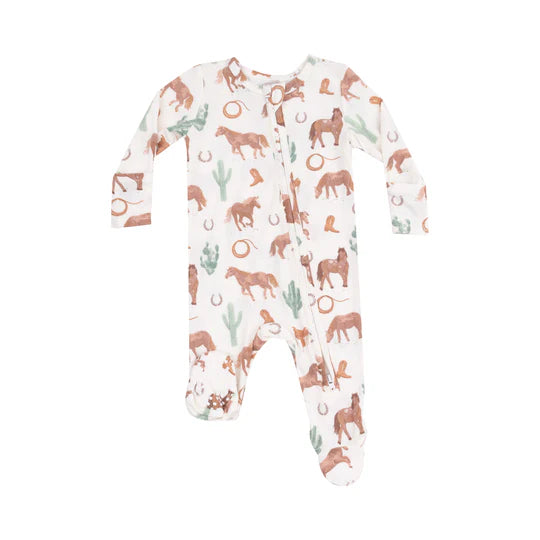 Bamboo 2-Way Zipper Footie Pajamas for Women - Soft & Comfortable Western Horse Print Sleepwear - Perfect for Lounging, Sleepovers and Cozy Nights at Home