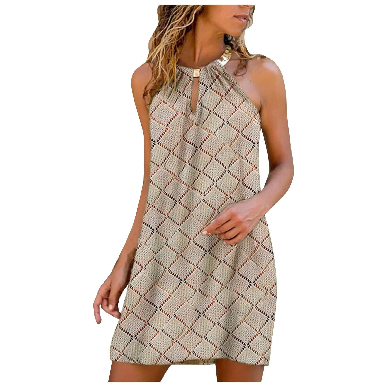 HAOREEKZ Women's Off Shoulder Sleeveless Mini Dress - Loose Fit Diamond Print Summer Dress with Metal Hanging Neck for Casual Wear, Beach Vacation, and Party Outfits