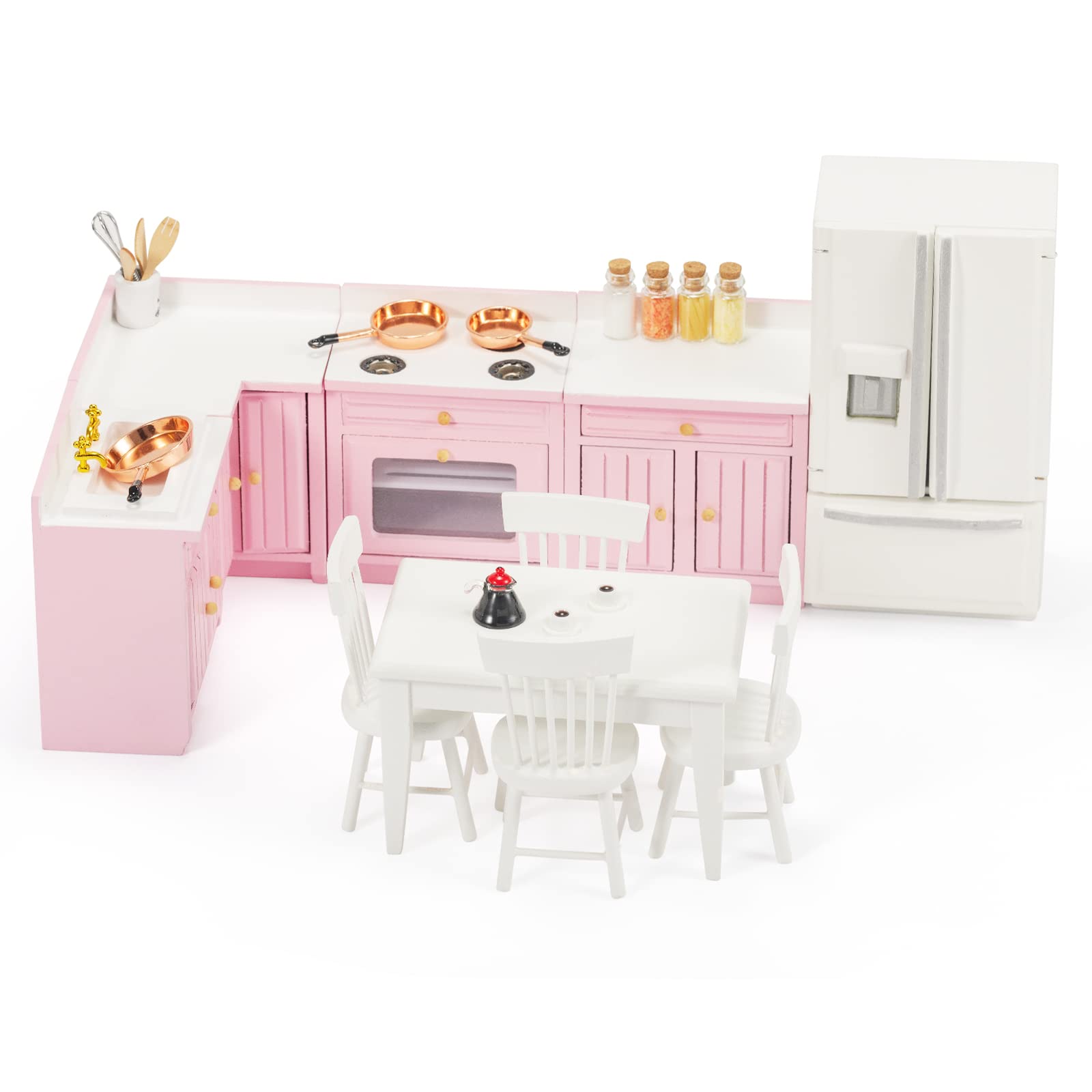 1:12 Scale Pink Wooden Dollhouse Furniture Set - Miniature Kitchen Cabinets, Dining Table, Refrigerator & Accessories for Doll House Toys | Perfect for Kids' Pretend Play, Room Decor & Collectors