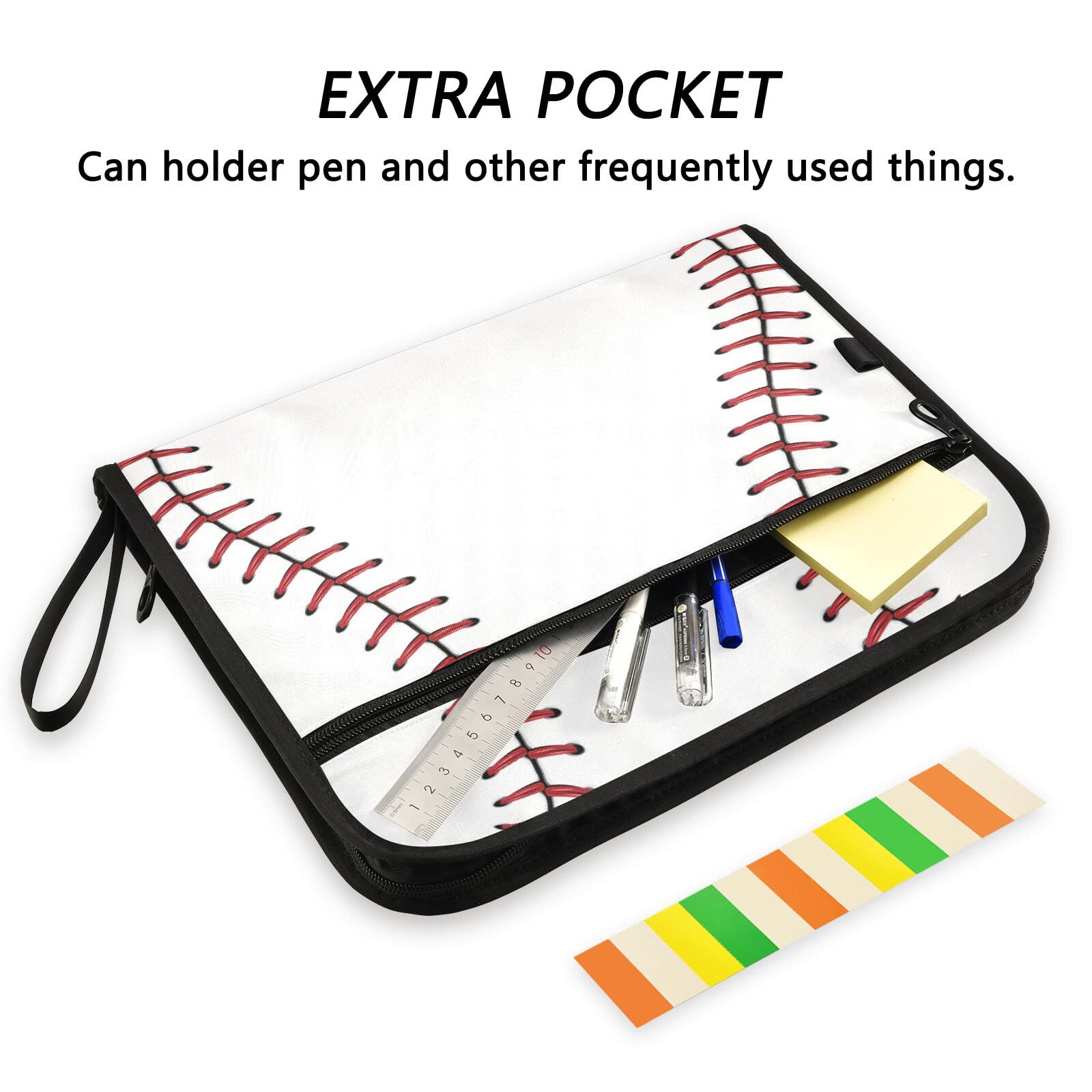VIGTRO 13-Pocket Accordion File Organizer with Zipper & Labels - Red Stitching Baseball Design Expanding File Folder for A4 Documents - Perfect for Office, Classroom & Sports Team Organization