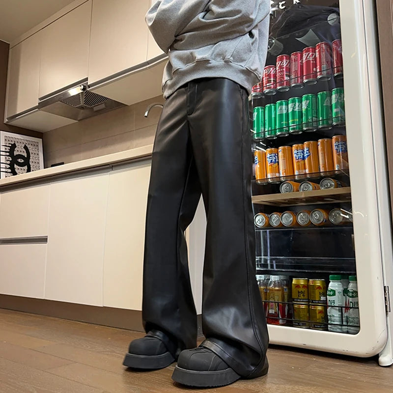 Men's PU Leather Casual Pants - American Style Straight Leg Wide Fit Loose Trousers with Boot Cut | Solid Color Menswear (Style 9C8865) | Perfect for Everyday Wear, Office & Night Out