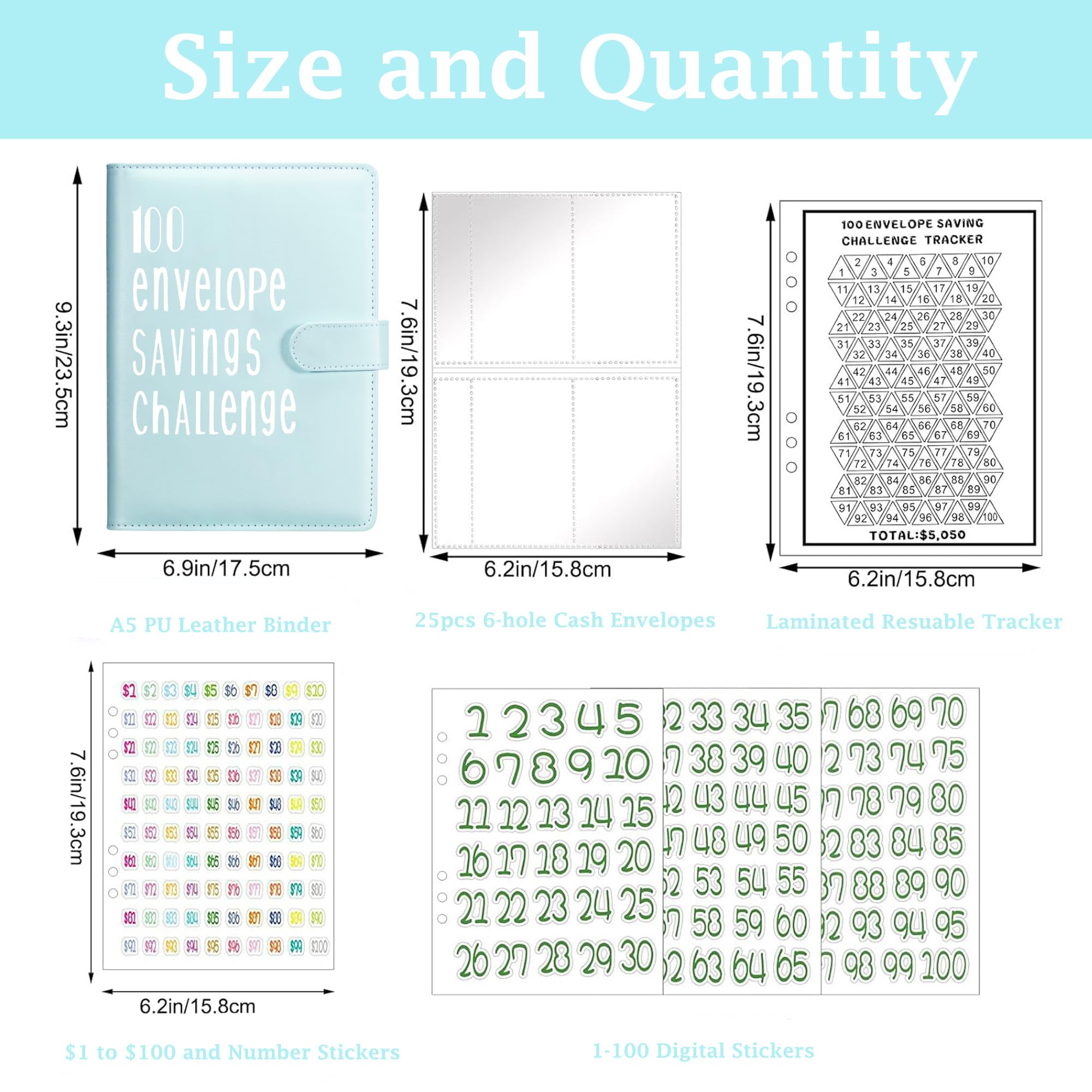 100 Envelopes Challenge Binder Kit - A5 Size Money Saving Budget Organizer with Numbered Cash Envelopes | 100 Day Savings Challenge Book to Save $5050 | Perfect for Personal Finance Planning, Budget Tracking & Cash Envelope System (Blue)