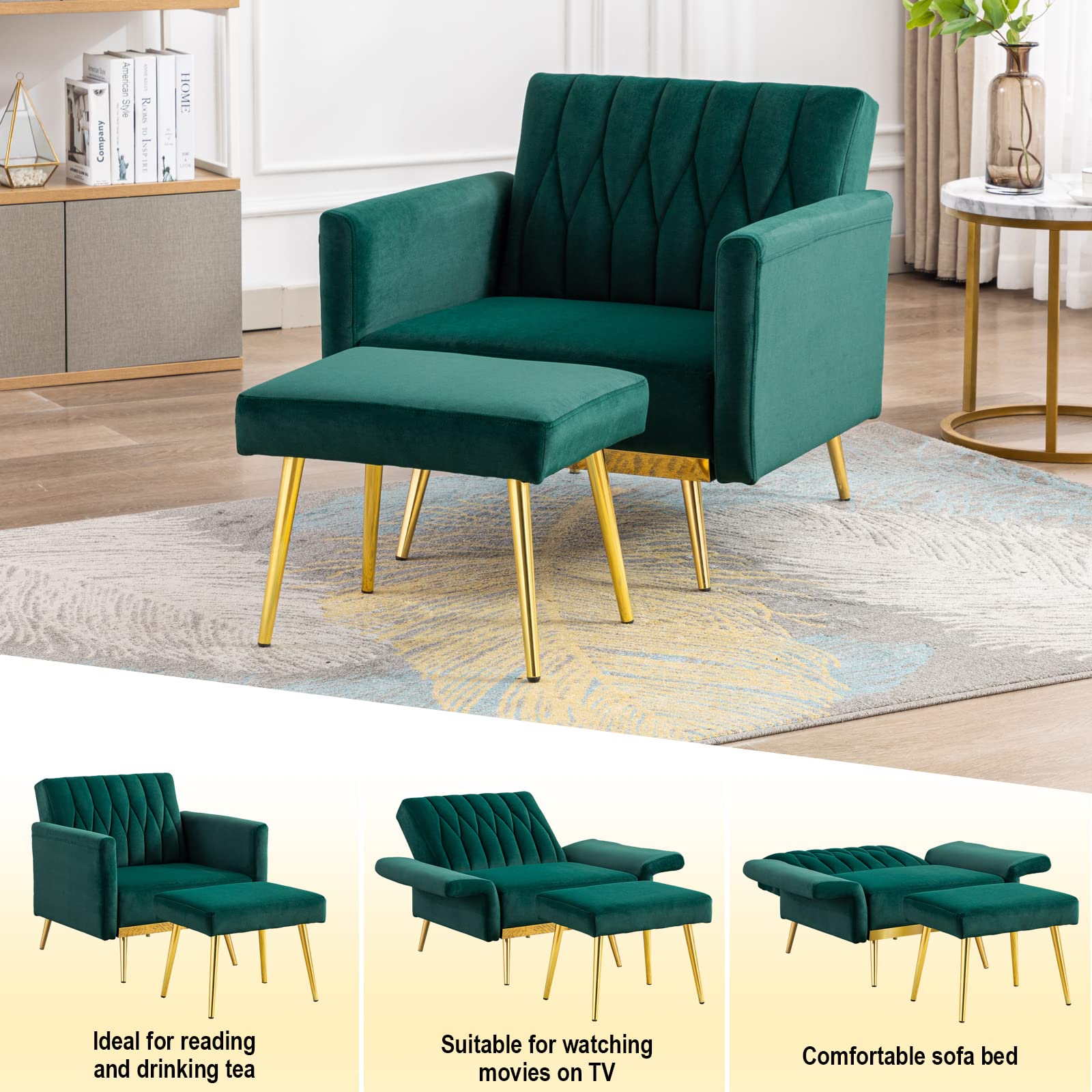 Modern Velvet Single Sofa Chair with Ottoman - Adjustable Armrests for Living Room, Bedroom & Office