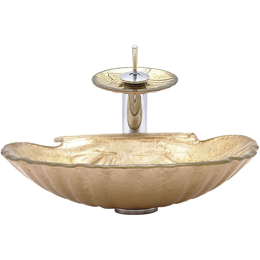 Gold Shell-Shaped Tempered Glass Vessel Sink for Bathroom - Artistic Above Counter Bathroom Sink with Waterfall Faucet & Drain - Perfect for Modern Vanities, Spa-Like Bathrooms & Luxury Home Decor