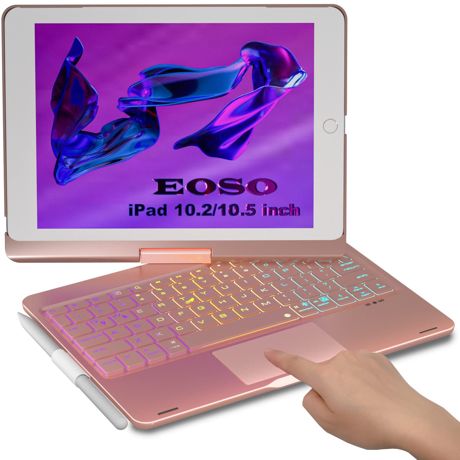 Eoso Touchpad Keyboard Case for iPad 10.2 inch (2021 9th/8th/7th Gen), iPad Air 3 & iPad Pro 10.5 - Backlit Trackpad, 360° Rotatable, 7-Color LED Backlight, Slim Protective Cover with Apple Pencil Holder (Rose Gold) | Perfect for Work, Study & Travel