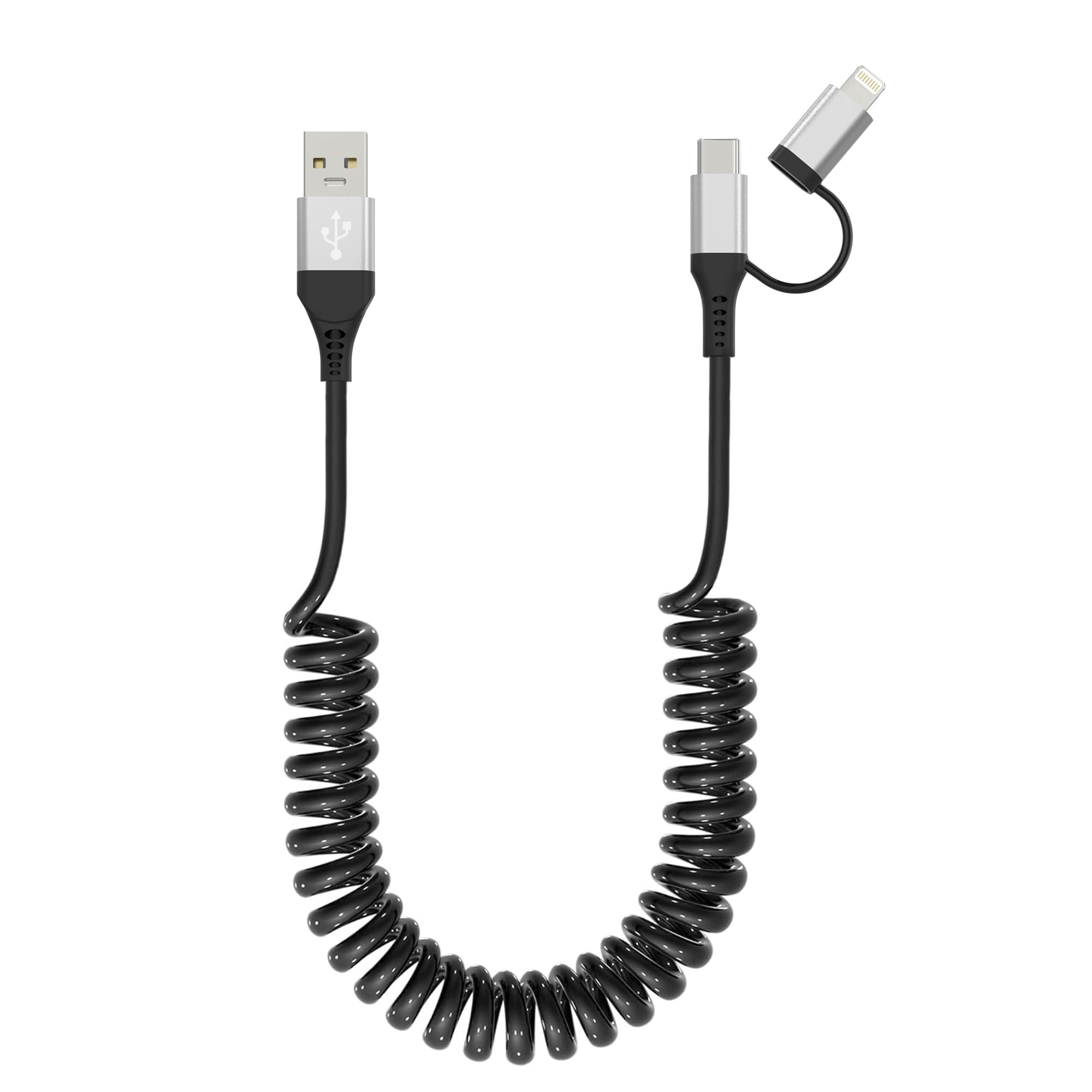 2-in-1 USB to USB-C & Lightning Coiled Cable - MFi Certified Fast Charging & Data Sync (3A) for iPhone 15/14/13/12 & Android - CarPlay & Android Auto Compatible - Perfect for Car Charging & Home/Office Use - Silver