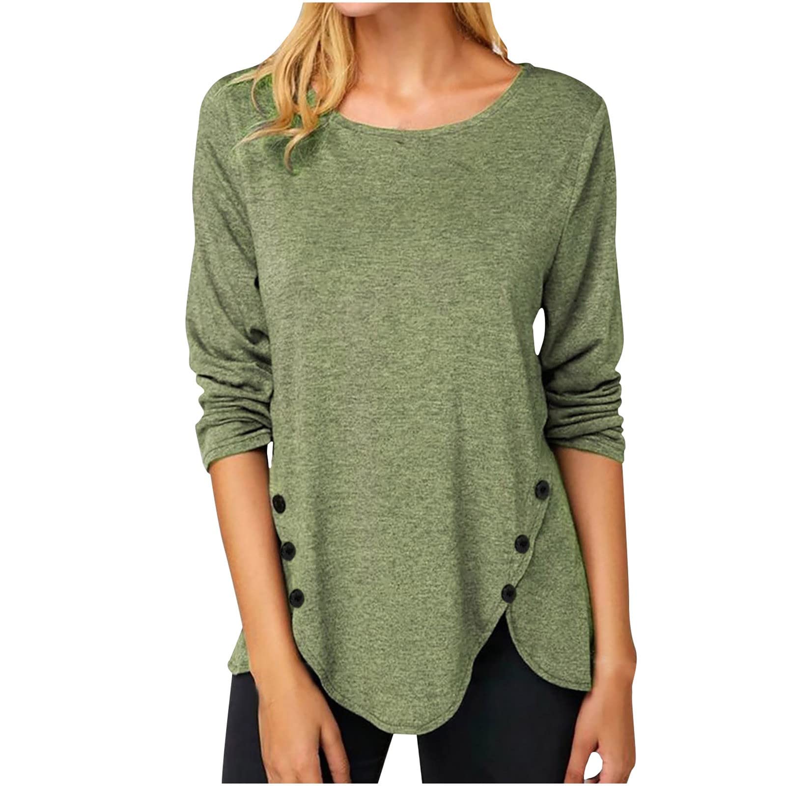 Women's Long Sleeve Crew Neck Casual Shirts - Loose Fit Irregular Hem Side Button Blouse | Solid Color Tops for Everyday Wear, Office & Outings