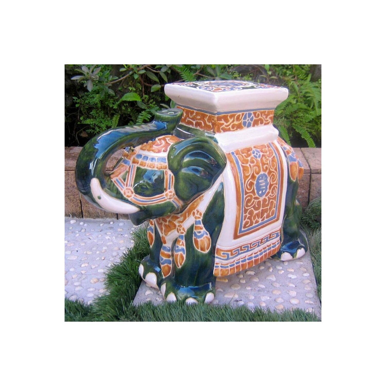 Large Porcelain Elephant Stool - Handcrafted Decorative Furniture Piece for Home & Garden - Perfect for Boho, Eclectic & Asian-Inspired Decor