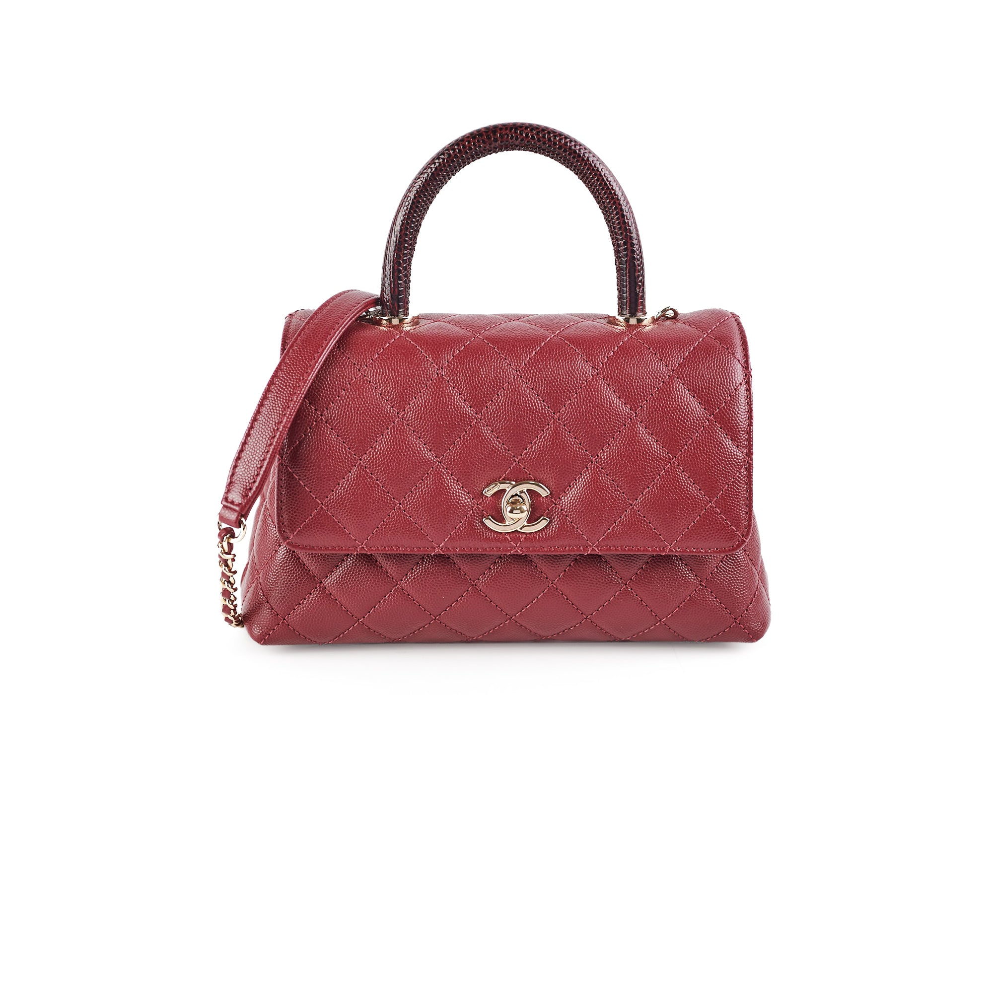 Chanel Small Coco Handle Bag in Burgundy Caviar Leather with Lizard Embossed Detailing - Perfect for Evening Events & Luxury Fashion Accessories