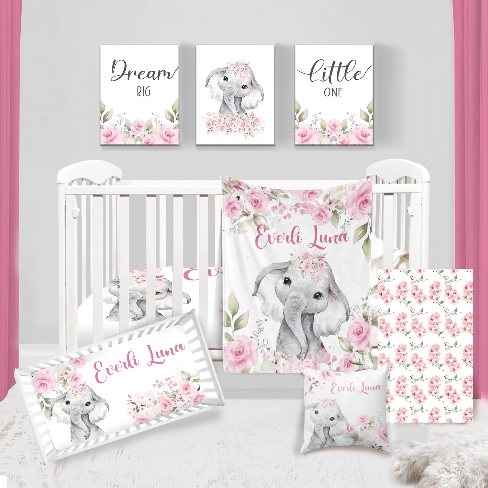 Personalized Baby Crib Bedding Set - Custom Name Nursery Blanket, Crib Sheet & Changing Pad Cover | Elephant Pink Rose Design for Baby Girls | Perfect for Nursery Decor & Baby Shower Gifts