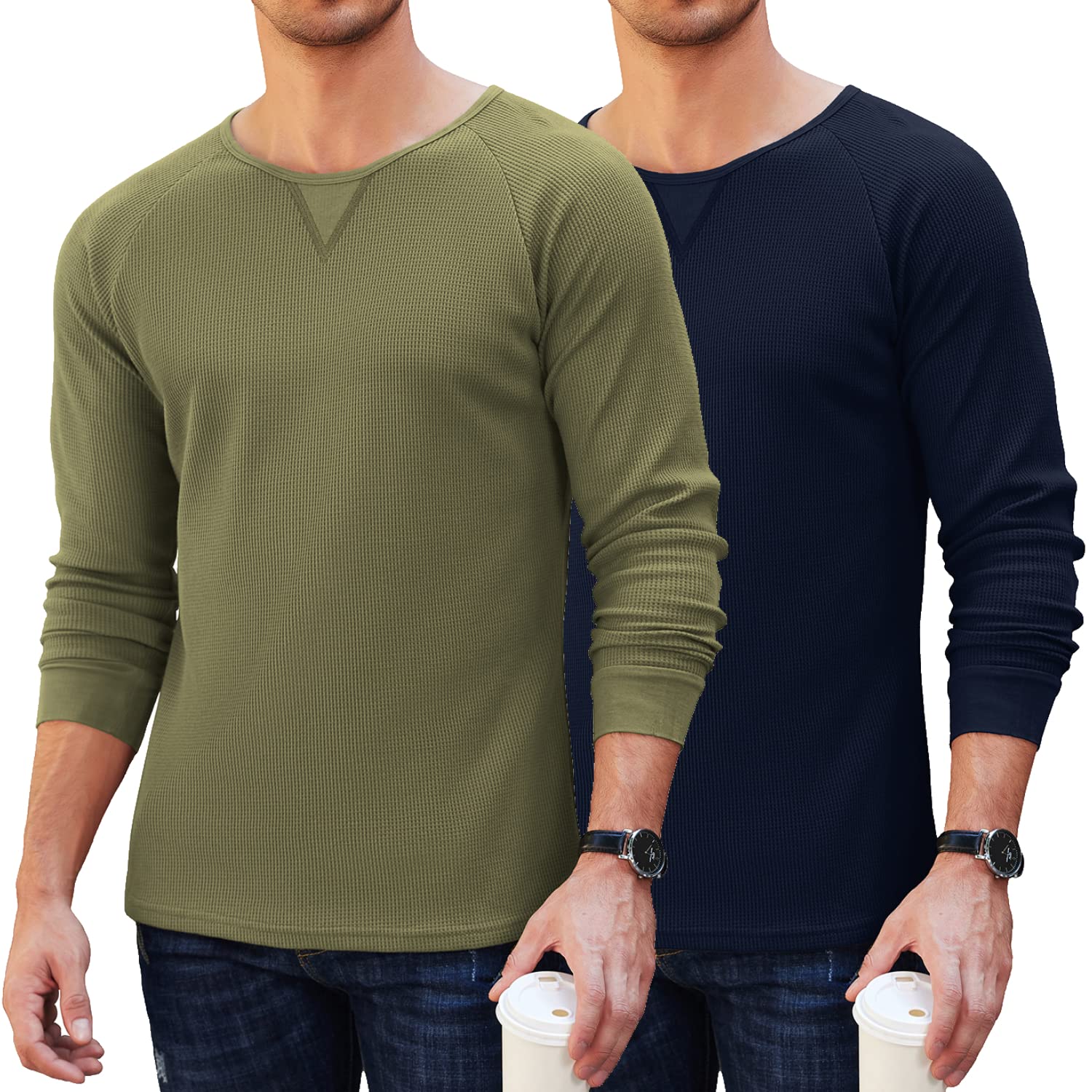 COOFANDY Men's 2 Pack Long Sleeve Waffle Knit Cotton Shirts - Casual Crew Neck Pullover Tops for Fall & Winter Layering | Perfect for Work, Travel and Outdoor Activities