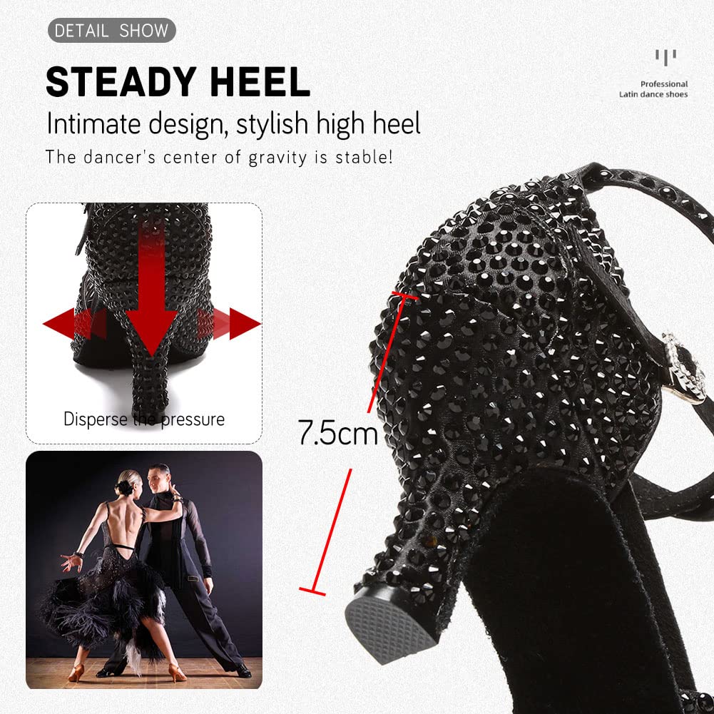 JUODVMP Women's Latin Dance Shoes with Rhinestones - Satin Ballroom Salsa Shoes for Professional Dancers | Perfect for Performances, Competitions & Dance Classes