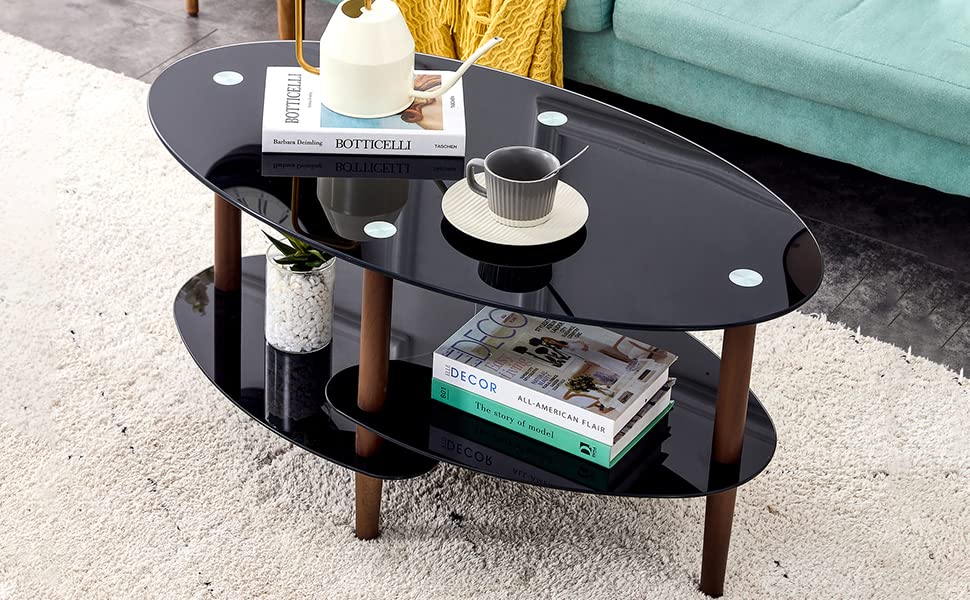 Modern Black Oval Glass Coffee Table with Oak Wood Legs - 3-Layer Transparent Glass Top - Perfect for Living Room, Waiting Room & Office Spaces