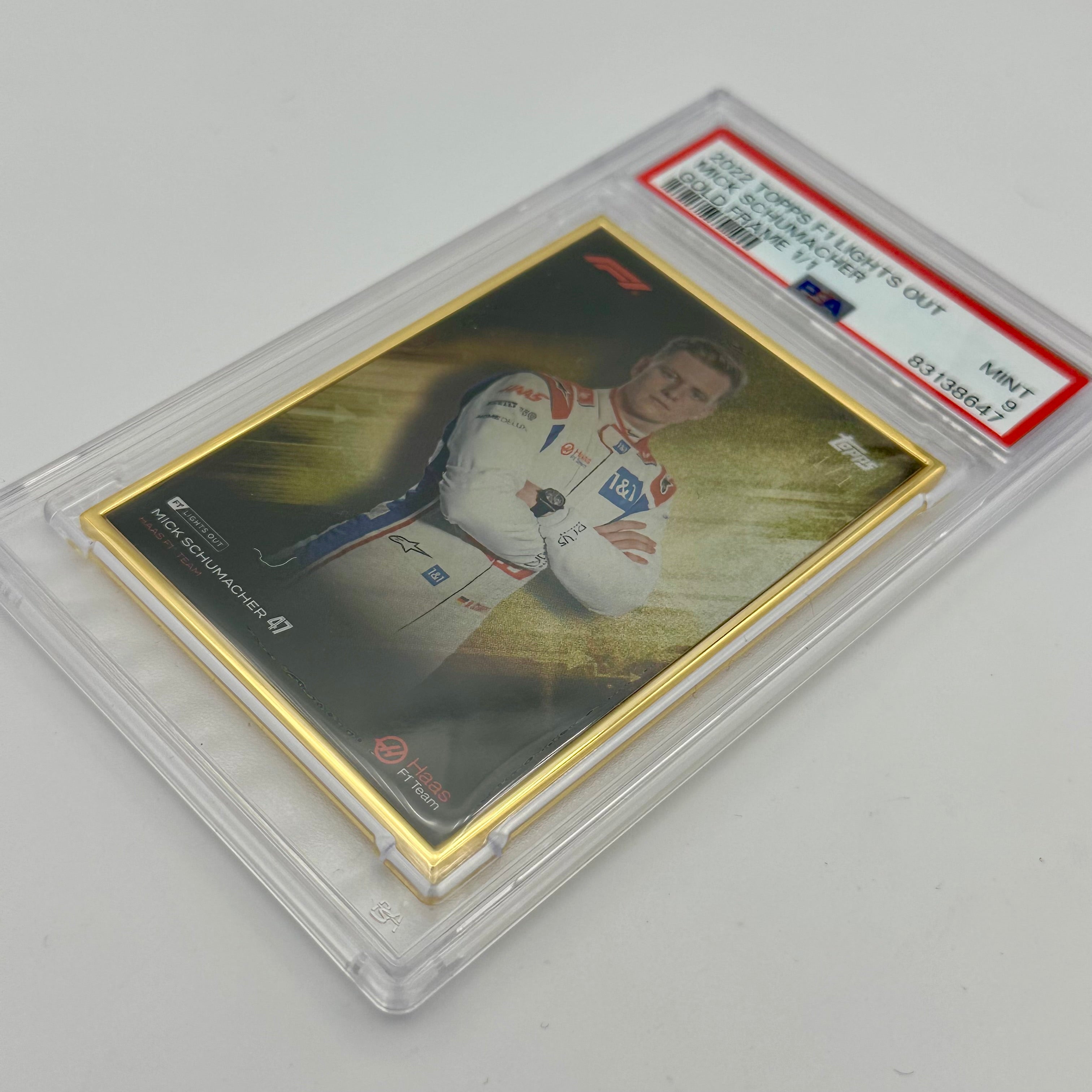 1/1 Gold Frame Mick Schumacher 2022 Lights Out PSA 9 Graded Racing Collectible - Perfect for F1 Memorabilia Displays & Motorsport Fan Collections
