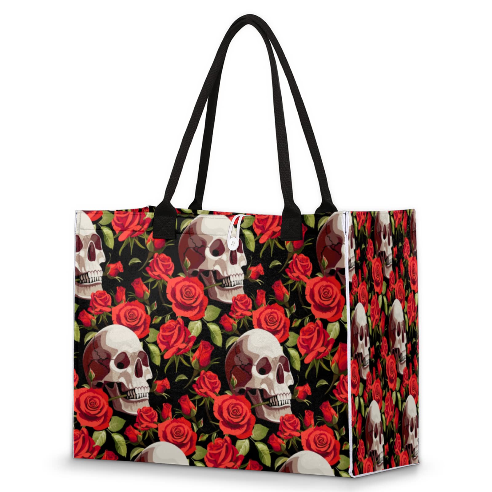 Spooky Skulls & Red Roses Beach Tote Bag - Large Reusable Grocery Bag with Zipper Pouch for Women | Halloween Pattern Shoulder Bag for Travel, Shopping, Work & School | Perfect for Beach Days, Grocery Runs & Commuting