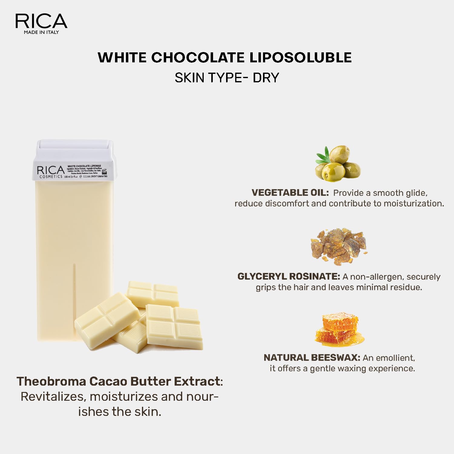Rica White Chocolate Liposoluble Soft Wax Refill Roll-on Cartridge - 100ml Full Body Hair Removal Wax for Women | Smooth Legs, Bikini Line & Underarms | At-Home Salon Waxing Kit