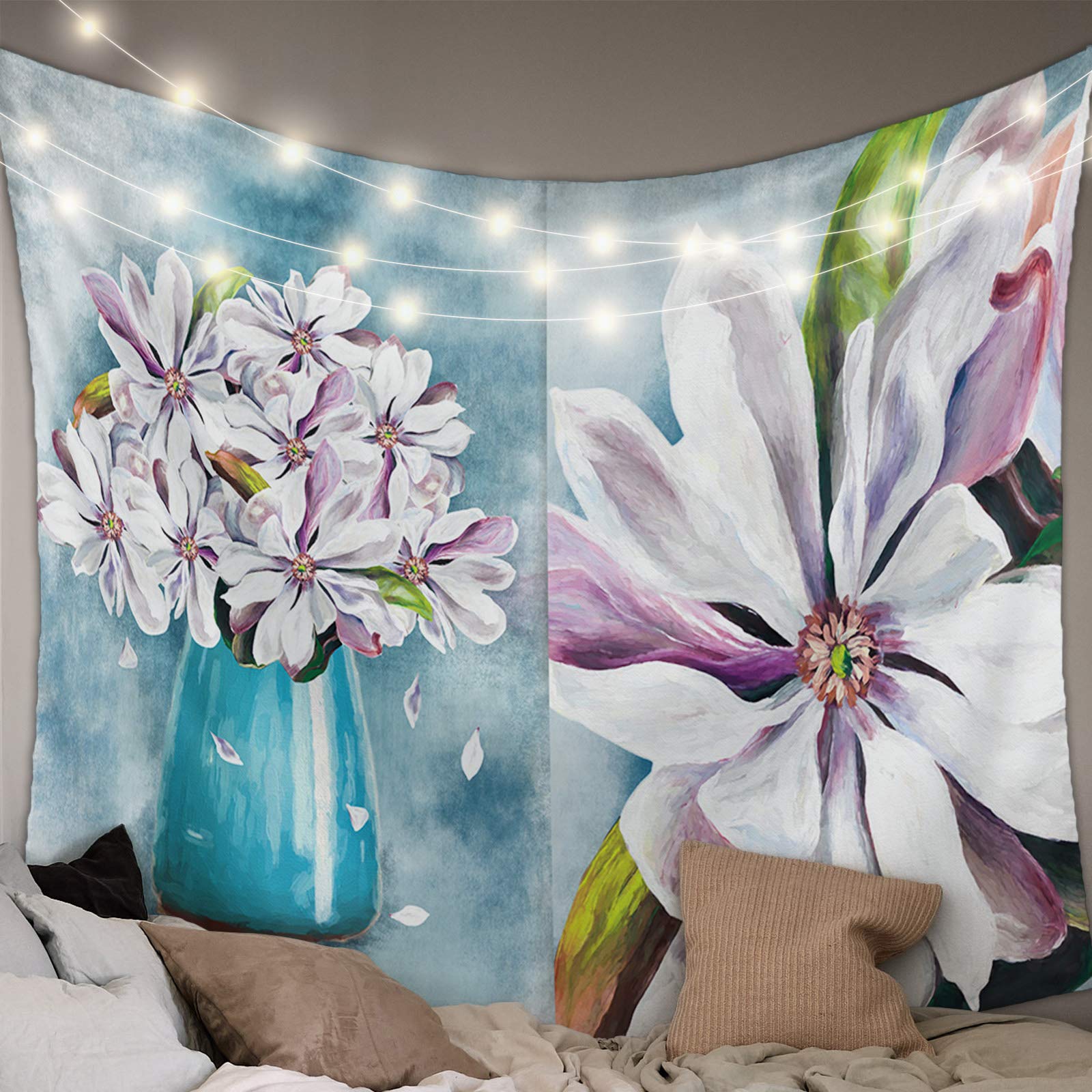 Blue Vase & Truck White Magnolia Oil Painting Tapestry Wall Hanging - 39x59 Inch Boho Home Decor for Living Room, Bedroom, Dorm - Perfect for Beach House, Farmhouse & Bohemian Style Interiors